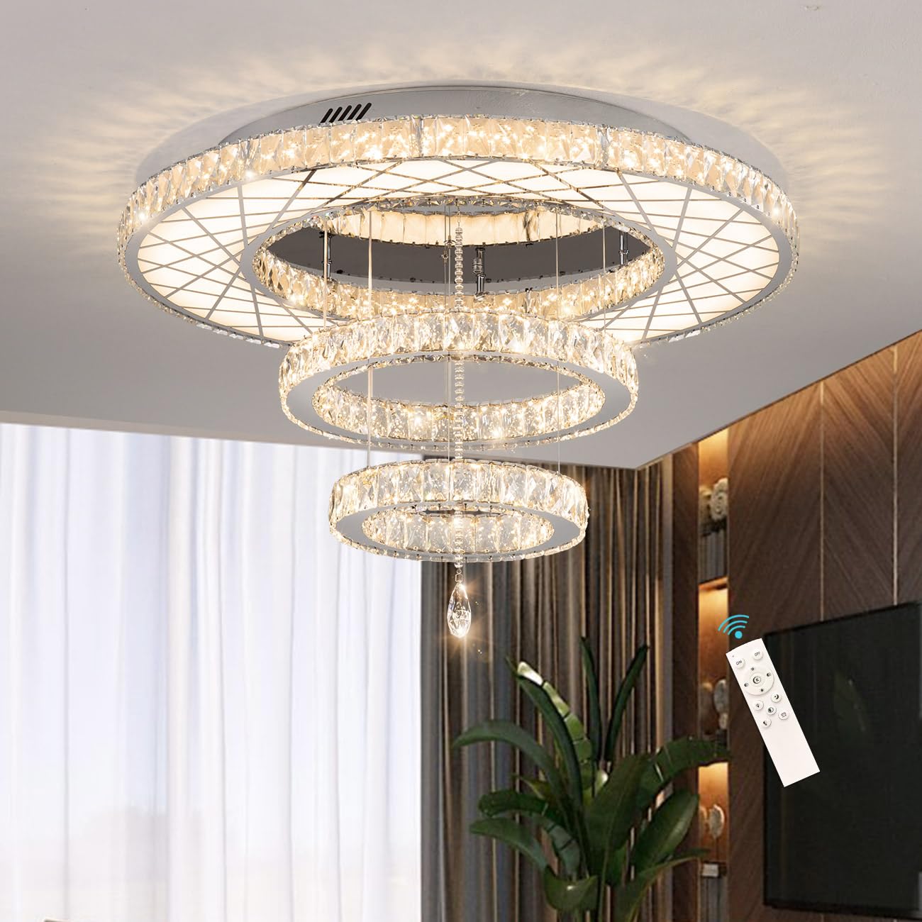 32''W Modern Chandeliers Living Room Light Crystal Flat Mounted Ceiling Lights Dining Room Light Bedroom Ceiling Drop Lighting F