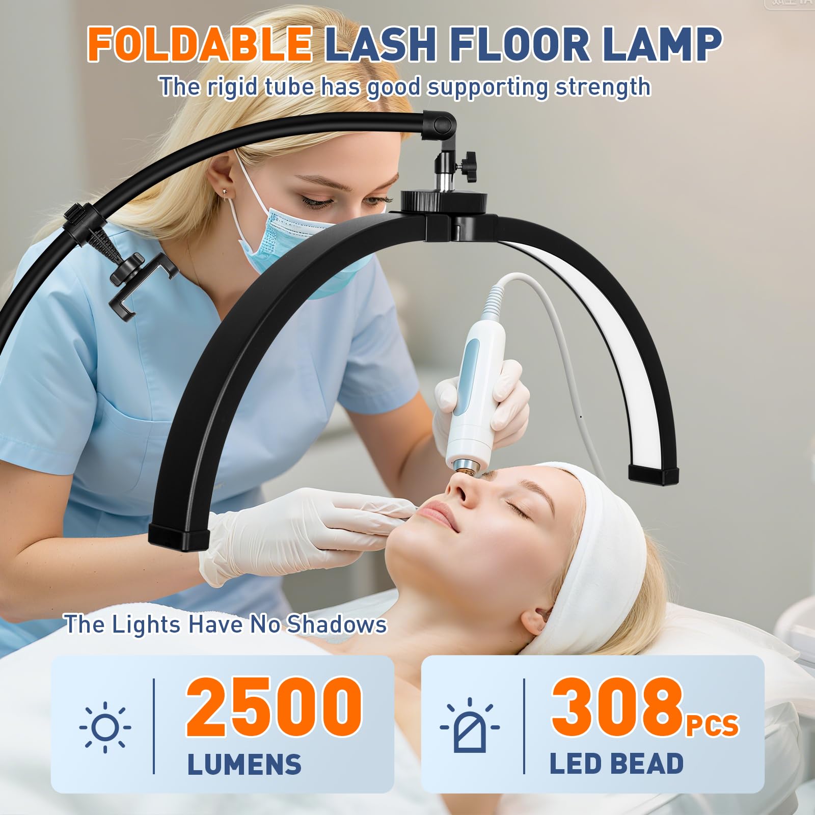 KIRKAS 21in LED Floor Lash Light, Black, Adjustable Brightness & Height, with Tool Tray, Model FS-550C FXTP-LDD MRD