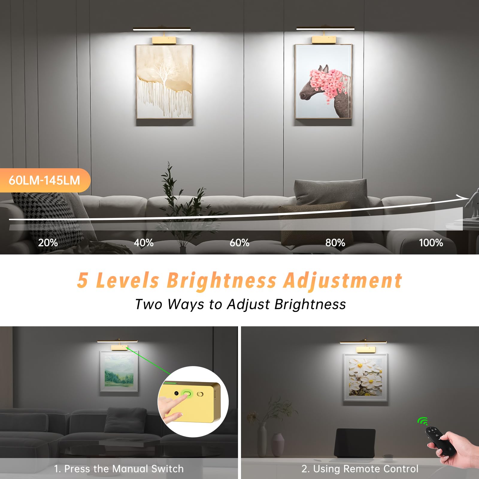 Picture Light With Remote, 15.35Inch Wireless Rechargeable Battery Wall Light For Paintings, 3 Colors Paintings Light Dimmable And Timer Metal Art Light For Display, Wall, Artwork, Gallery (Gold)