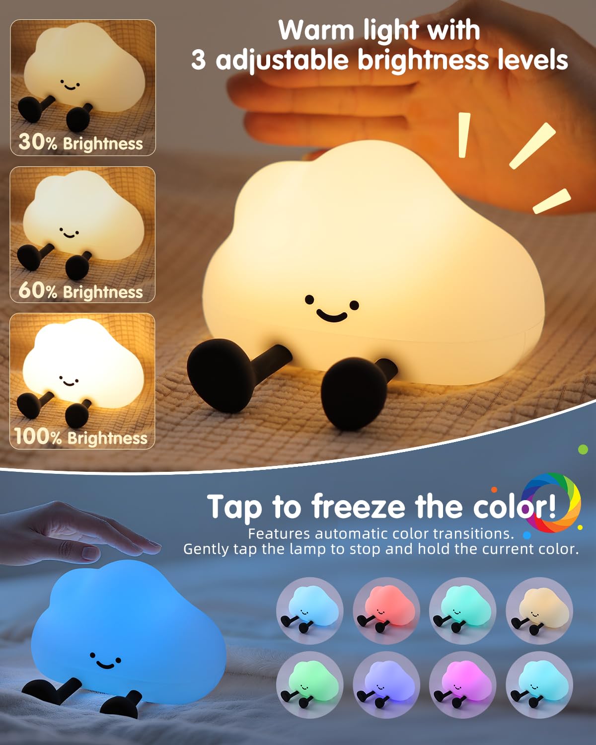 YISUN Cloud Night Light - Colorful Silicone Dimmable Bedside Lamp, Rechargeable, Soft & Portable for Kids, Model DH-BFLD27