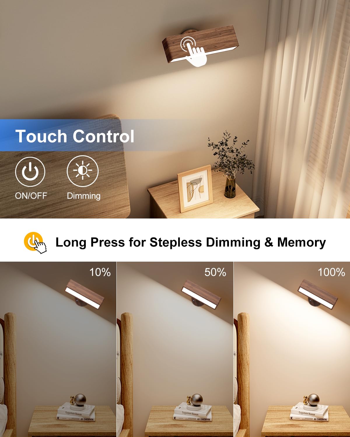 Yilaie Wall Sconces Battery Operated Set Of 2,Rechargeable Wall Sconce For Bedroom,Wireless Wall Lights Dimmable,Wood Wall Light