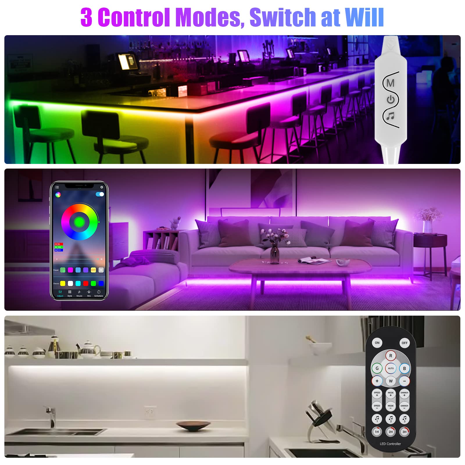 Huemihui 6Pcs Music Sync Color Changing Led Under Cabinet Lights, Dimmable 9.8Ft Strip With Remote