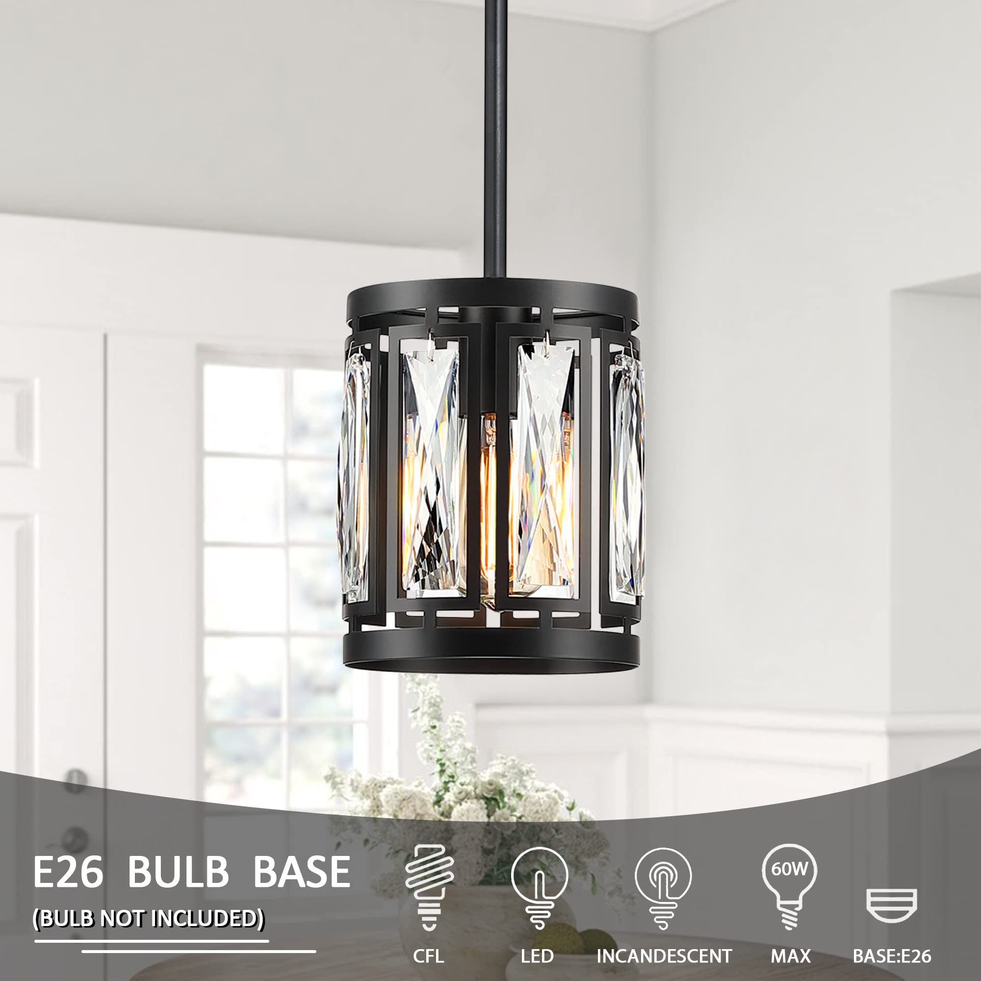 Crystal Pendant Lighting Fixture Matte Black Drum Shade Chandelier,2-Pack Pendant Lights For Kitchen Island Modern Ceiling Light