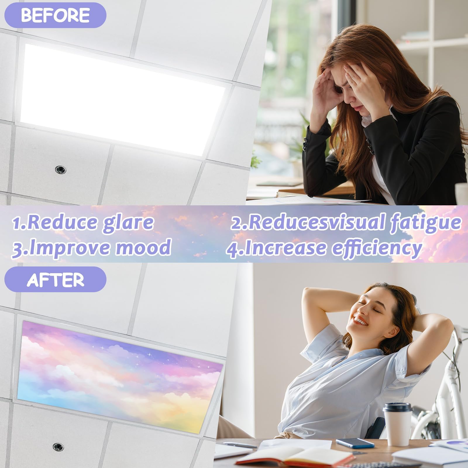 Wiooffen 8 Pcs Fluorescent Light Covers - 4x2 Feet, Polyester, Rainbow Color, Easy Install for Classroom & Office