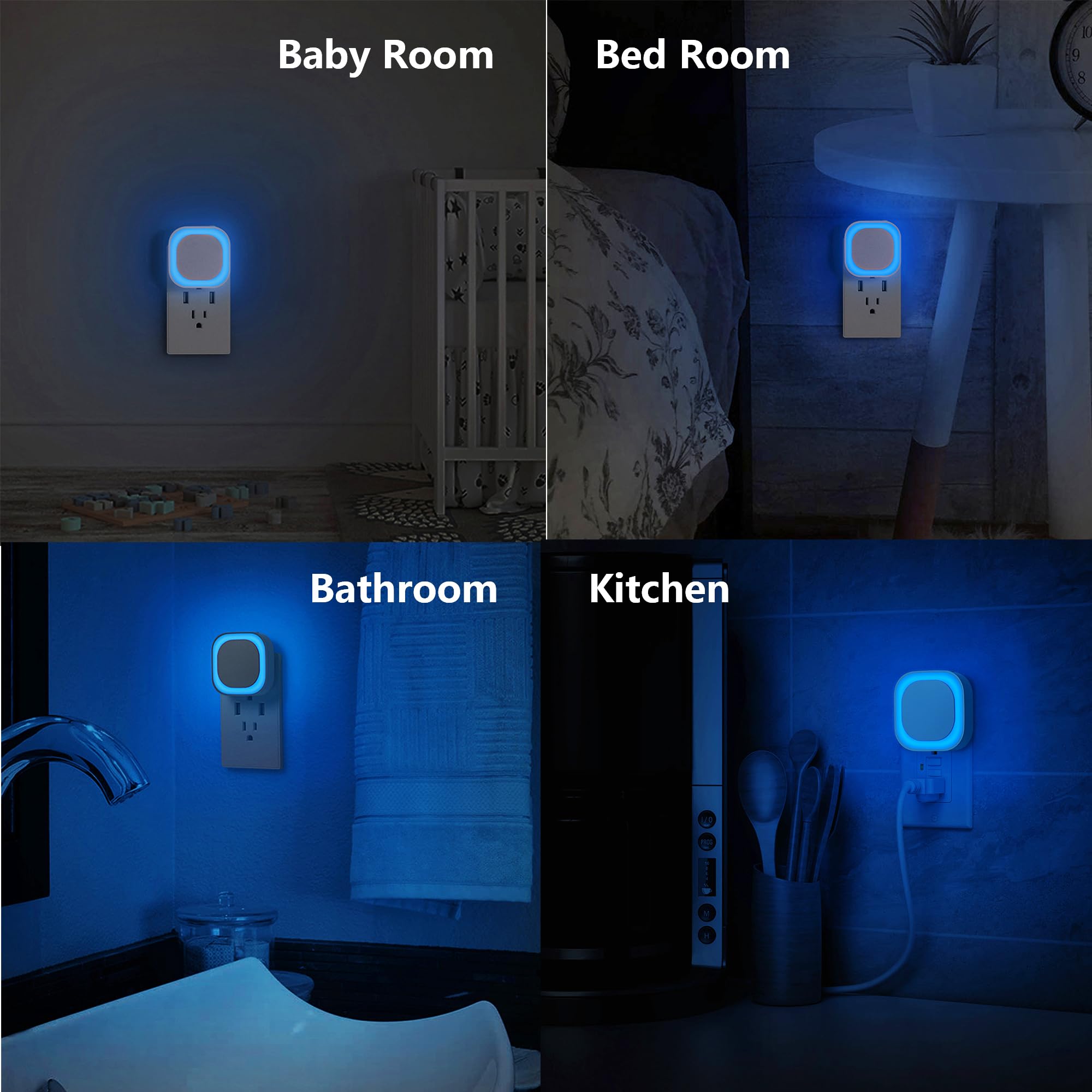 Yunlex 2 Pack Plug In Dimmable Night Light, Auto Dusk To Dawn Sensor, Square Nightlight, Led Wall Night Light, Soft Glow, Azure Nightlight For Bathroom, Hallway, Stairs, Kitchen, Bedroom, Garage