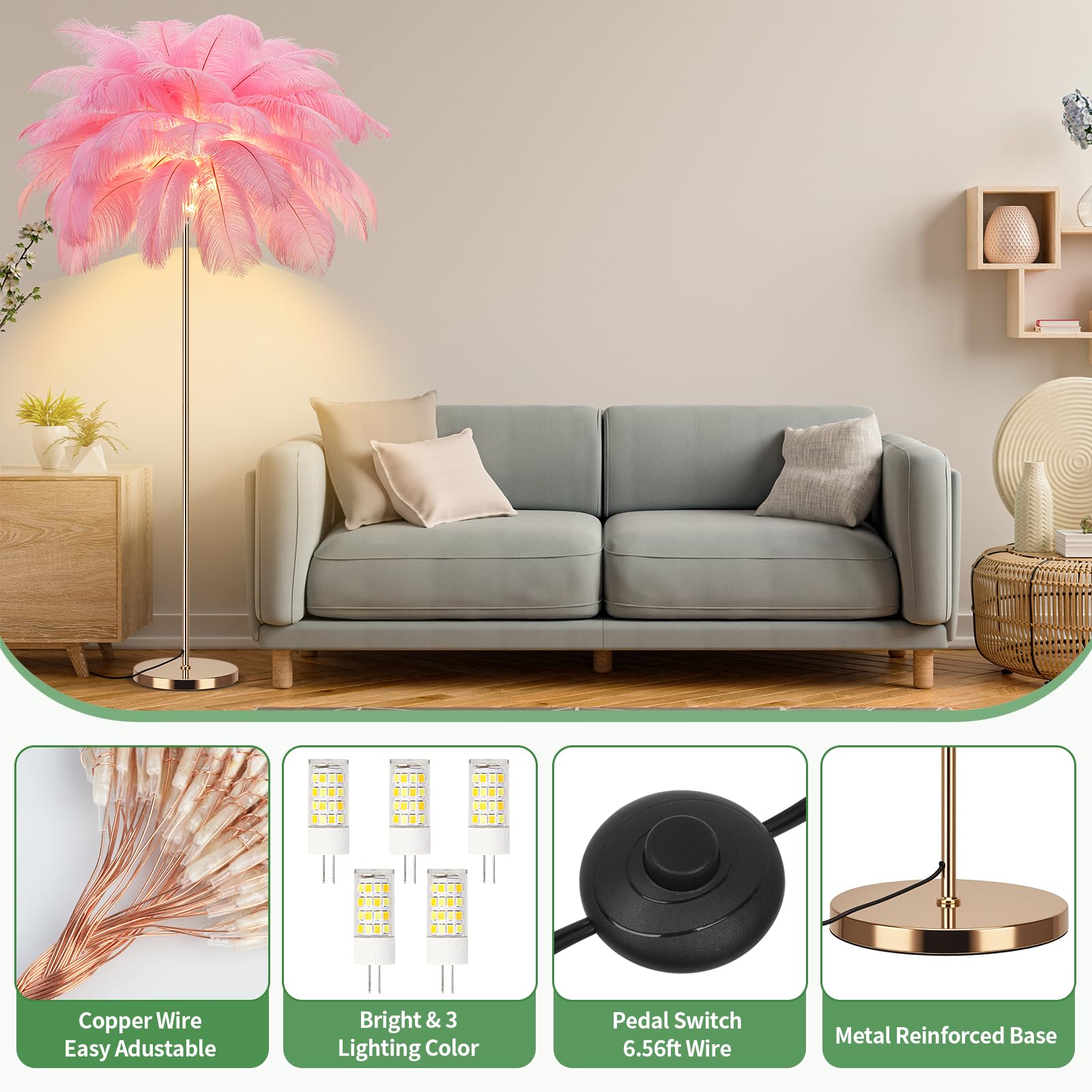 Fivemengo Feather Floor Lamp - Pink Ostrich Feathers, Rose Gold Body, Modern Arc Design, LED Bulbs Included, Model Yumao-Fen