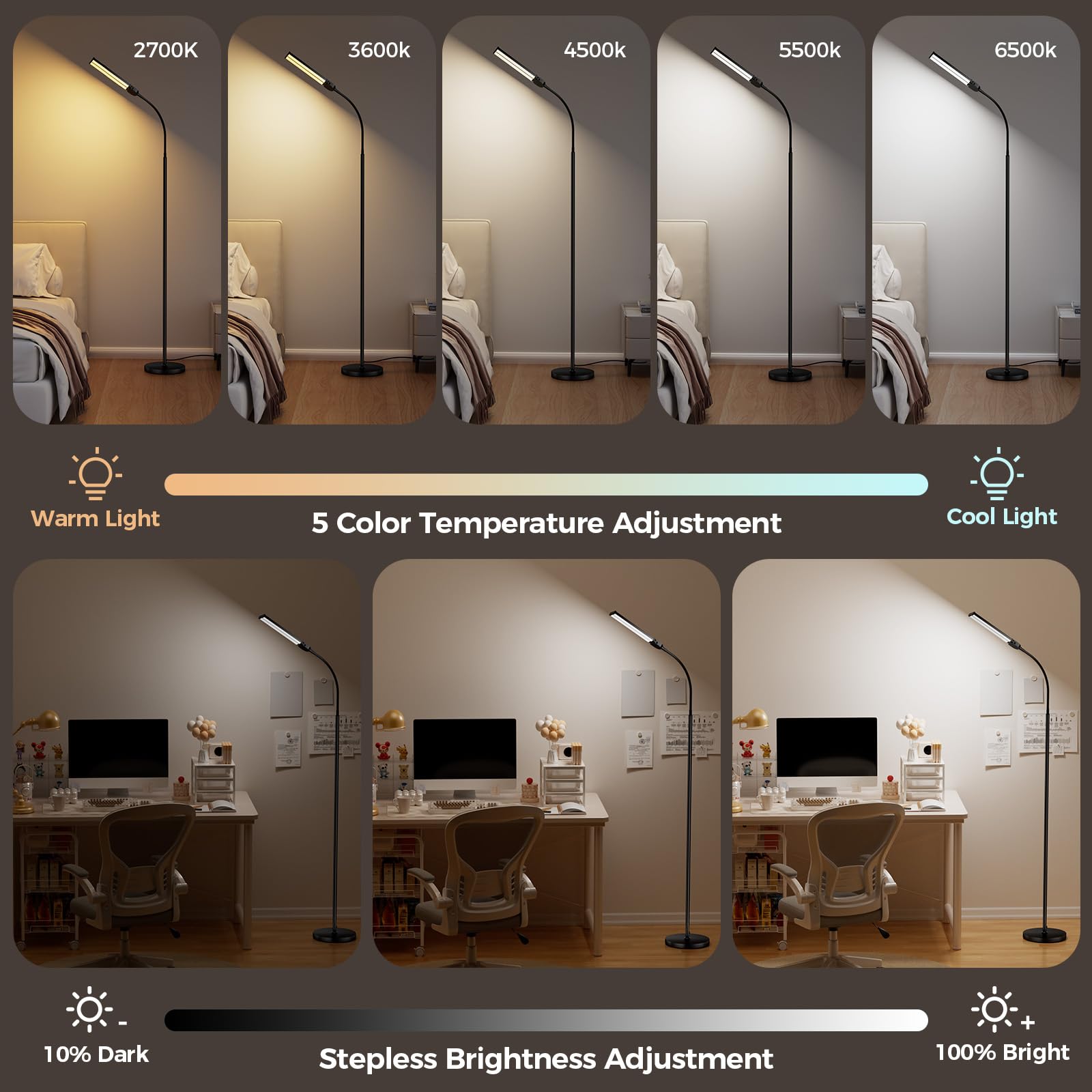 VrimNowit LED Floor Lamp - Adjustable Brightness & Colors, Dual Head Gooseneck, Remote Control, Eye-Caring, Black, Model V-FL-ST06