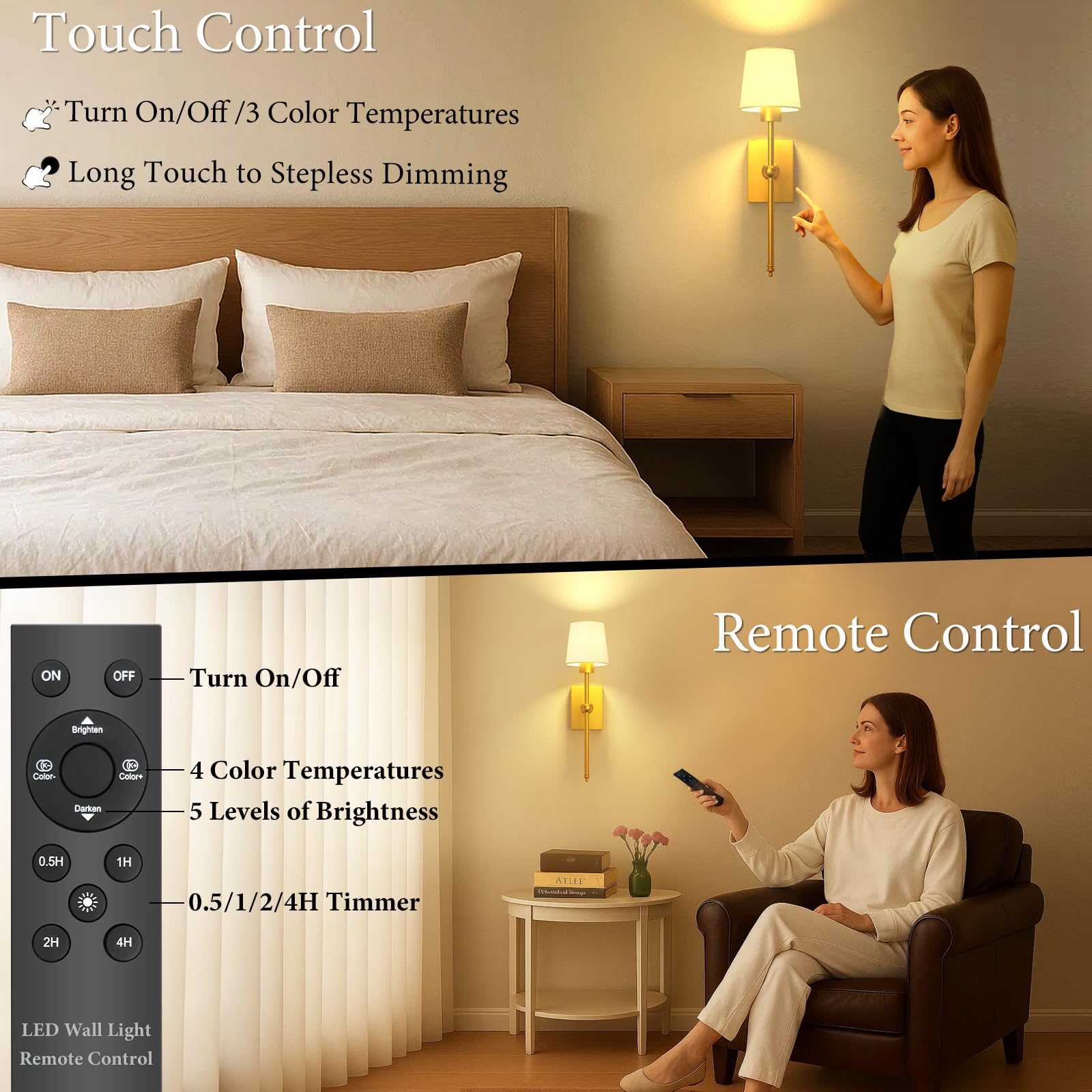 iThird Battery Operated Wall Sconces Set of 2, Gold Metal & Fabric, Touch Control, 17 Inch, Wireless Cordless Wall Lamps
