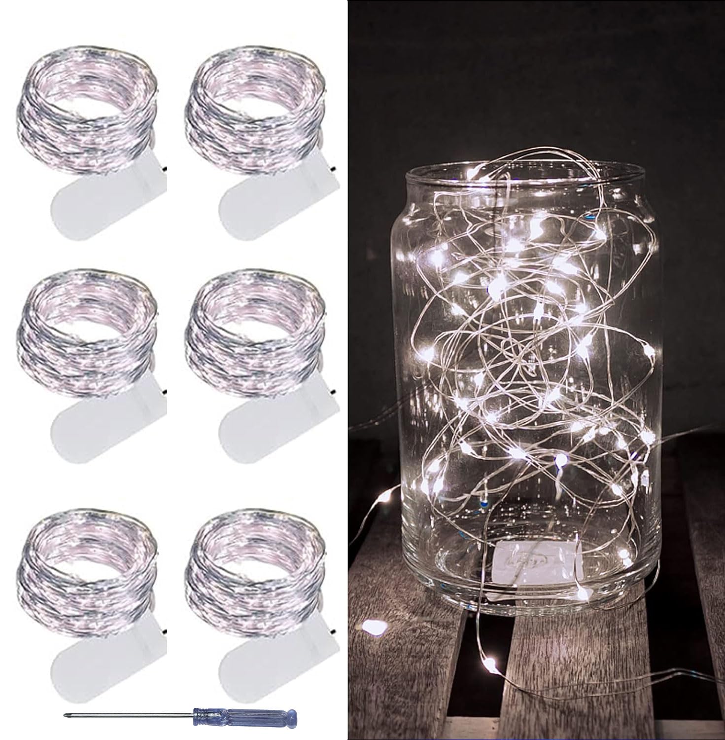 LAMPHOME 6 Pack Fairy Lights Battery Operated String Lights 6.6ft 20 Led Mason Jar Lights Waterproof Silver Wire Light Fireflies DIY Party Wedding Christmas Decoration(6 Pack White)
