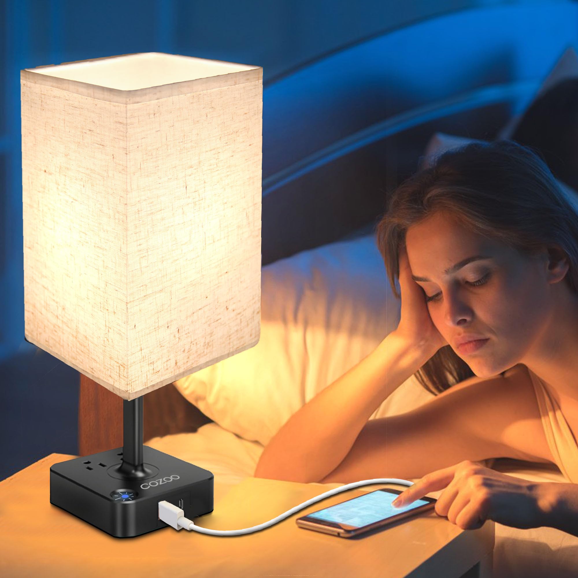 Cozoo Usb Bedside Dimmable Table Desk Lamp With 2 Usb Charging Ports 2 Outlets Power Strip,Black Charger Base Flaxen Fabric Shade, Led Light For Bedroom/Nightstand/Living Room/Dorm/Home Office/College