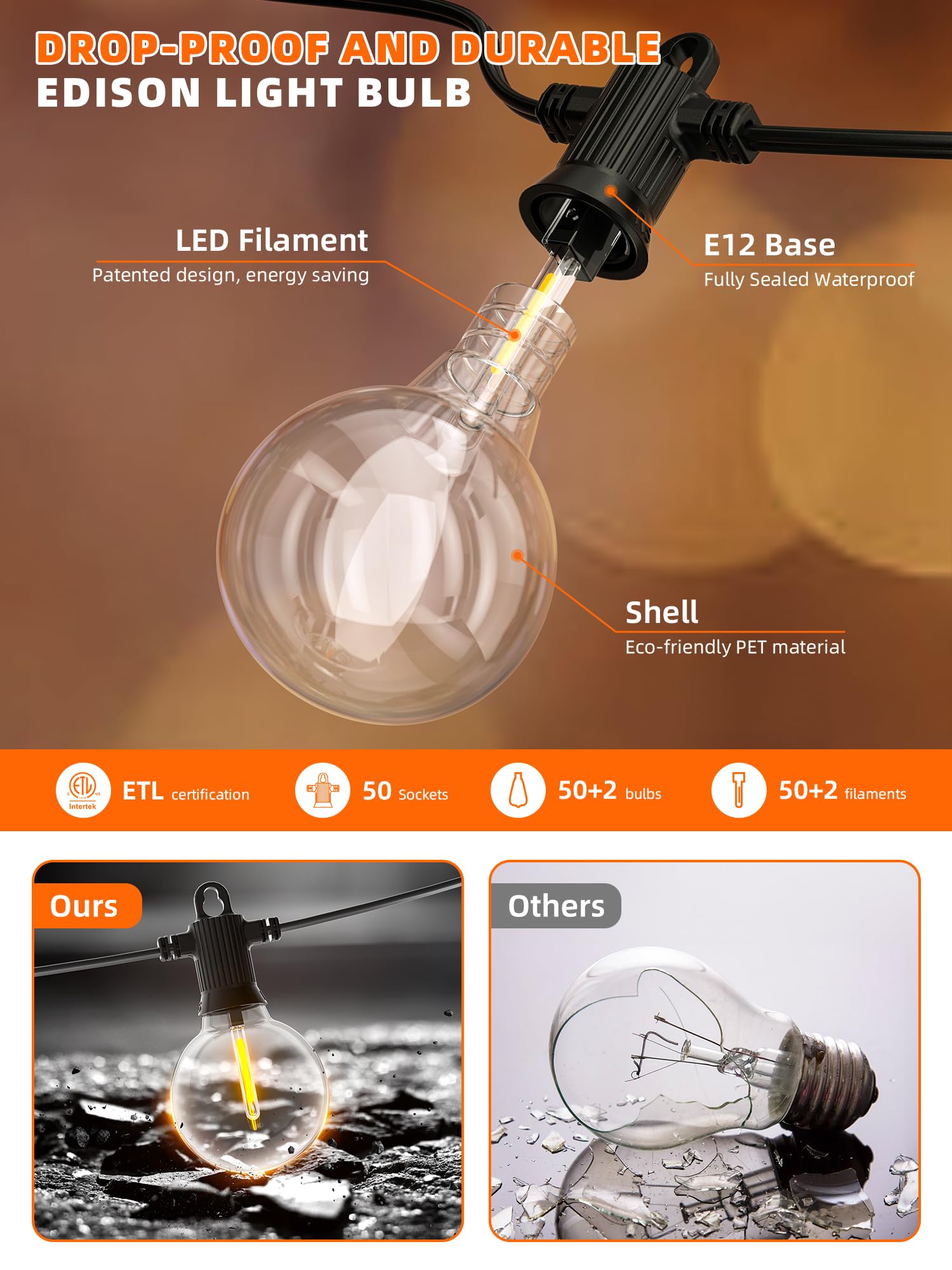 Kawaya Solar Powered String Lights - 100FT Outdoor IP65 Waterproof LED, Black, Shatterproof Edison Hanging Lights for Patio and Camping