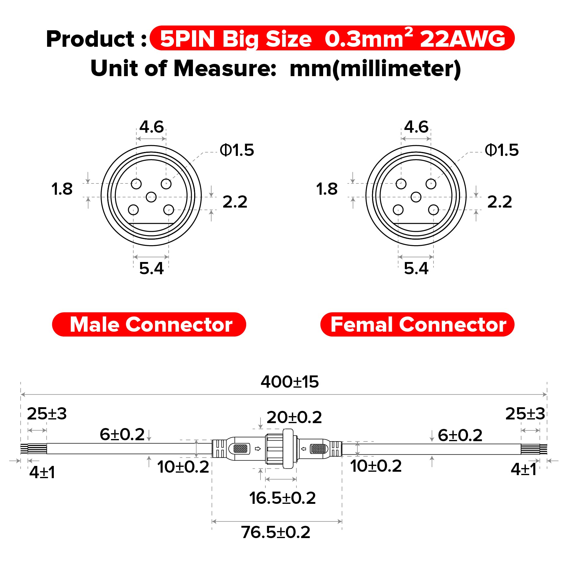 Hysmigor 5 Pin Electrical Connector 22Awg Ip65 Male Female Connector 7.87In/20Cm Extension Cable For Car,Truck,Boat,Indoor/Outdo