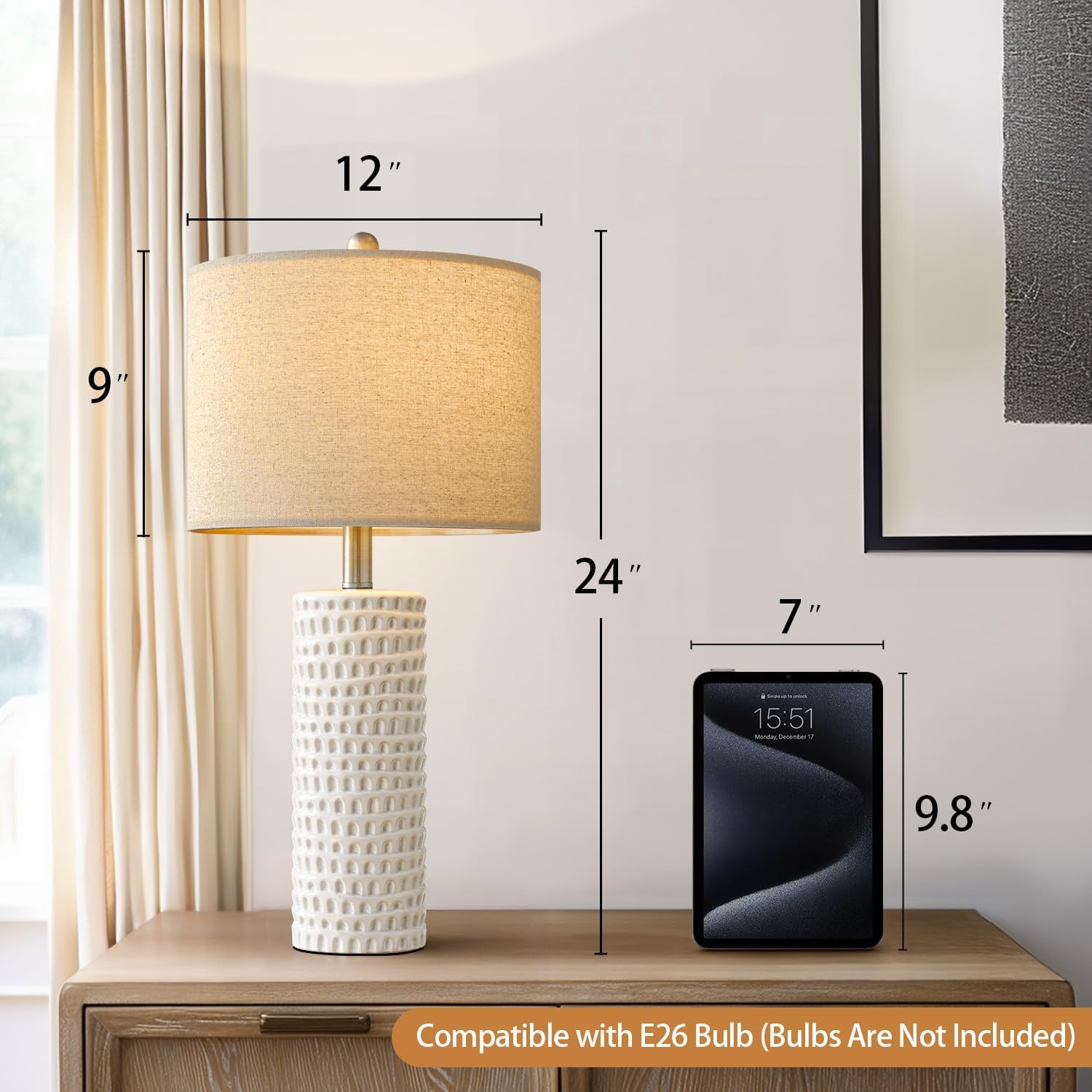PORTRES 24" Ceramic Table Lamp Set of 2 - White Modern Accent Lamps for Bedroom, Living Room, Office, Nightstand, Model AMZ-T1062L-WH