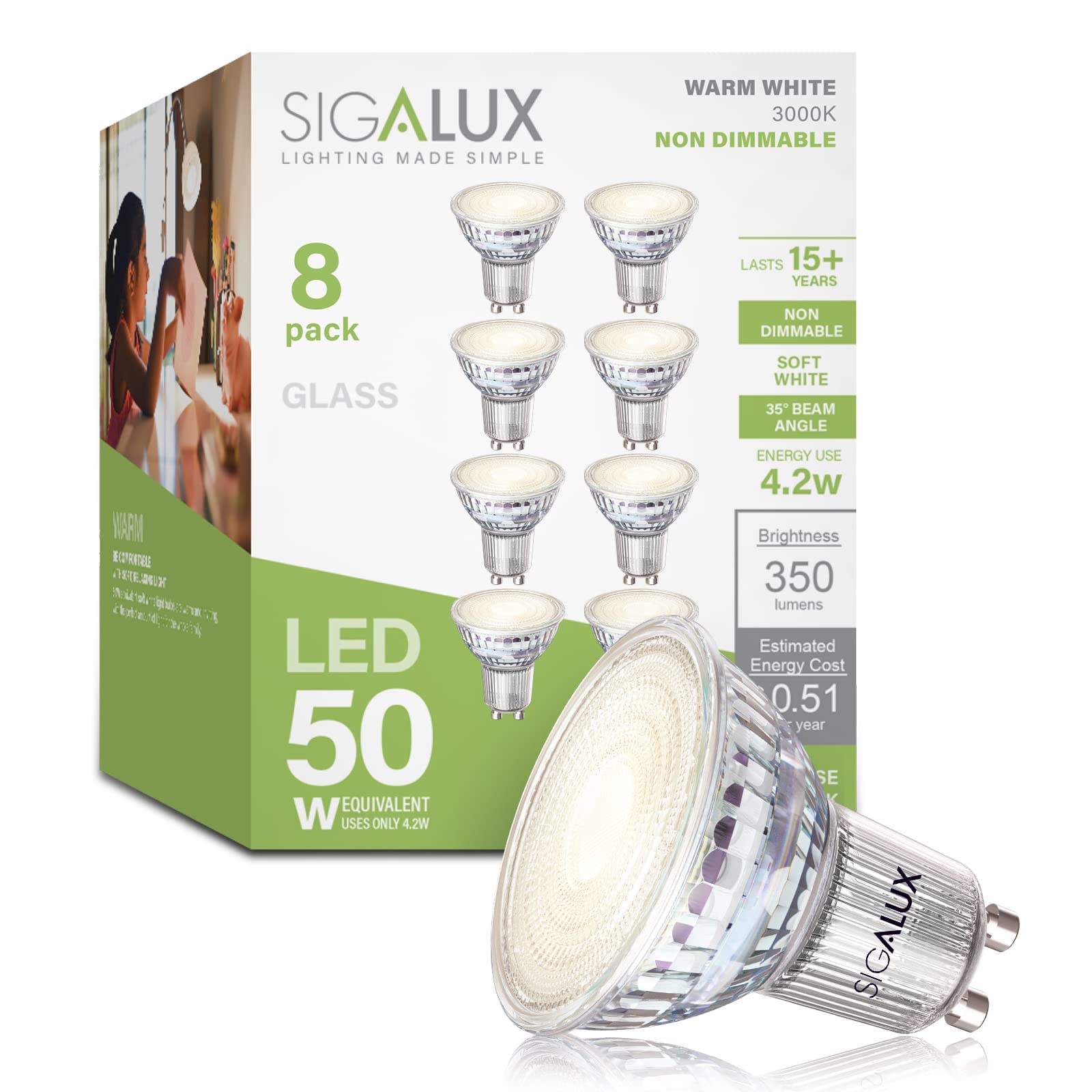 Sigalux GU10 LED Light Bulbs, 50W Halogen Equivalent, Non Dimmable, 3000K LED MR16 GU10 Bulbs for Recessed Track Lighting, Glass Light Bulb with Two Prong, 4.2W 350LM Warm White, 8 Pack