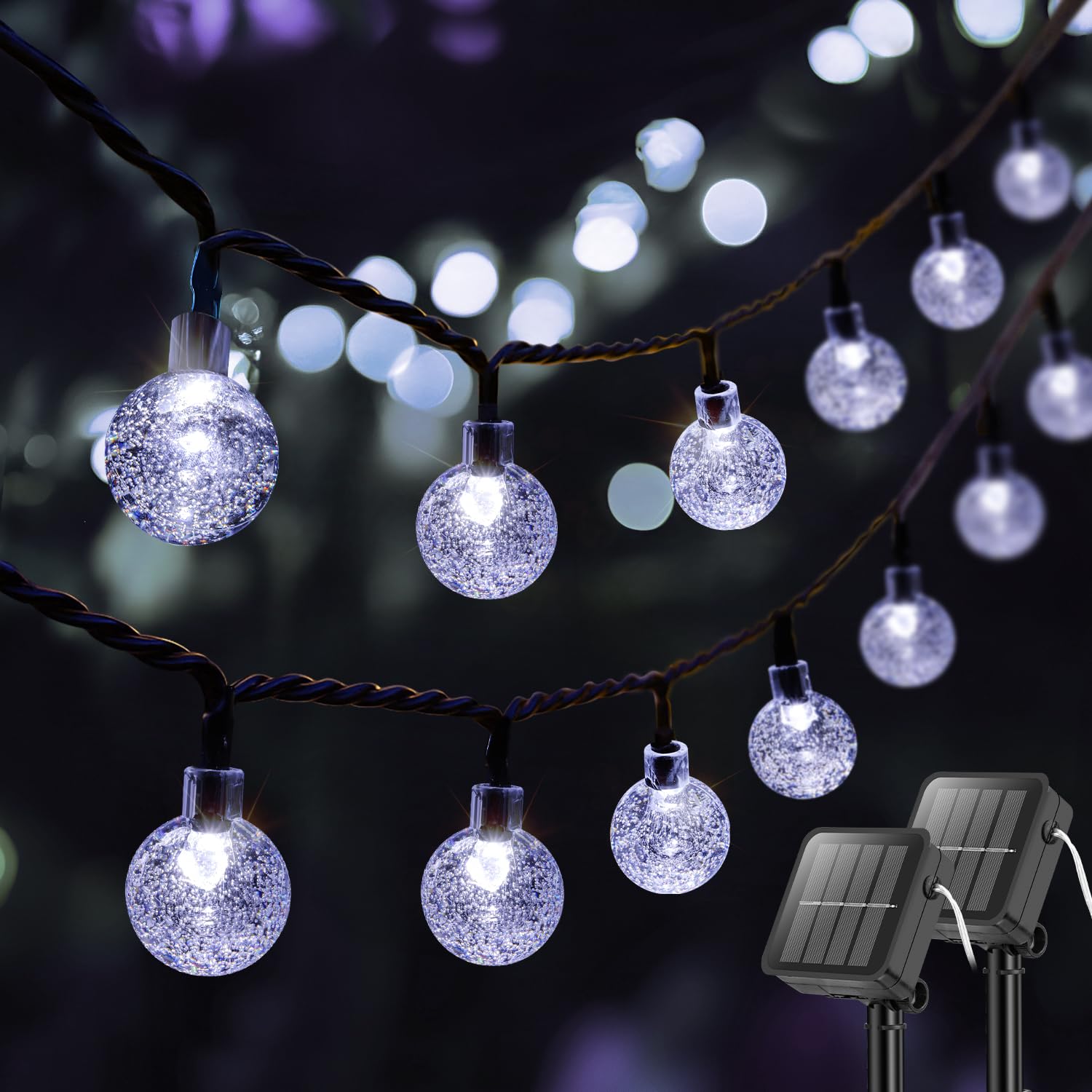 Metaku Solar String Lights 40FT 60 LED Crystal Globe, Cool White, 2 Pack, 8 Lighting Modes, Outdoor Patio Decor