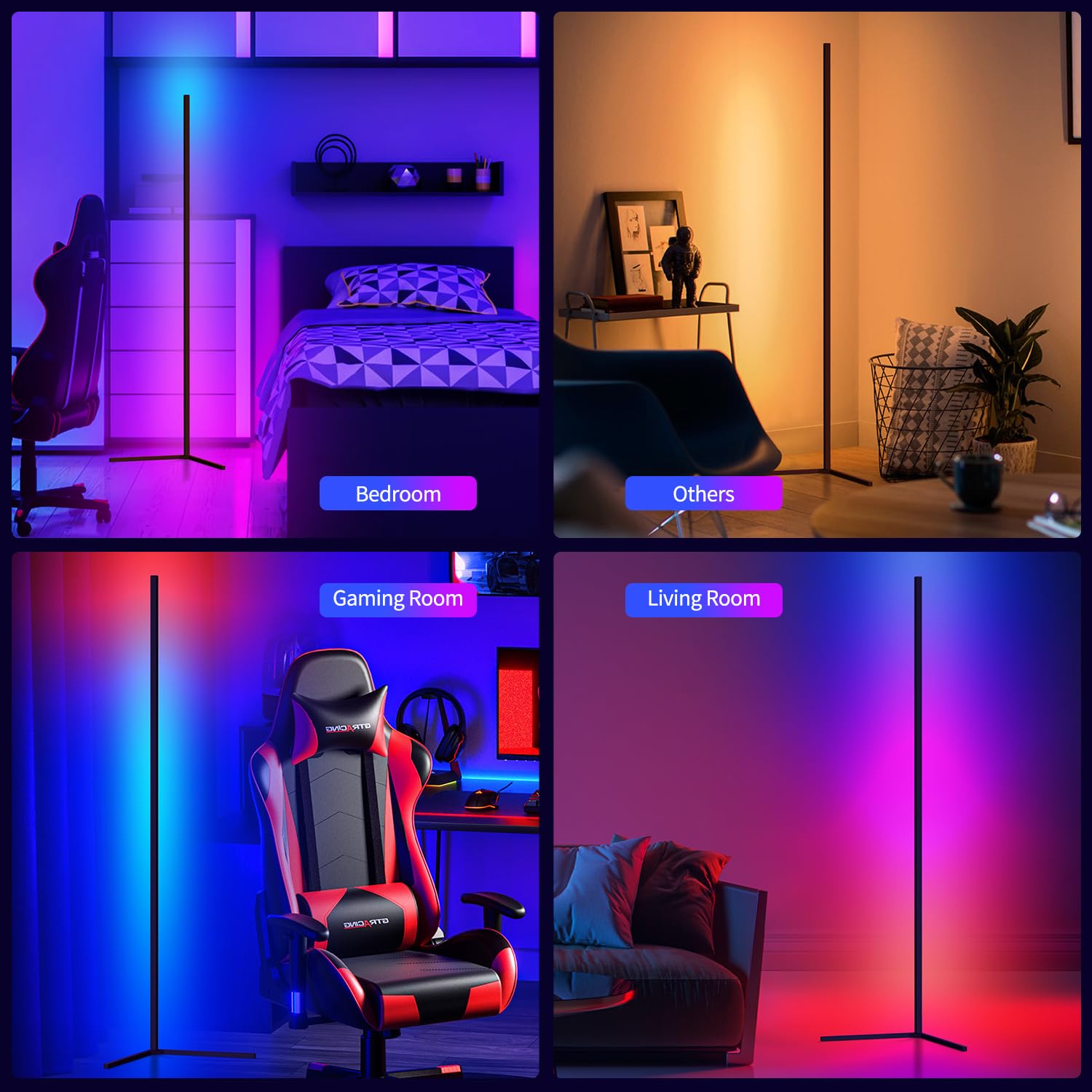 Bodun Smart RGB LED Corner Floor Lamp - App & Remote Control, 16 Million Colors, Music Sync, Standard Size, Ideal for Living & Gaming Rooms