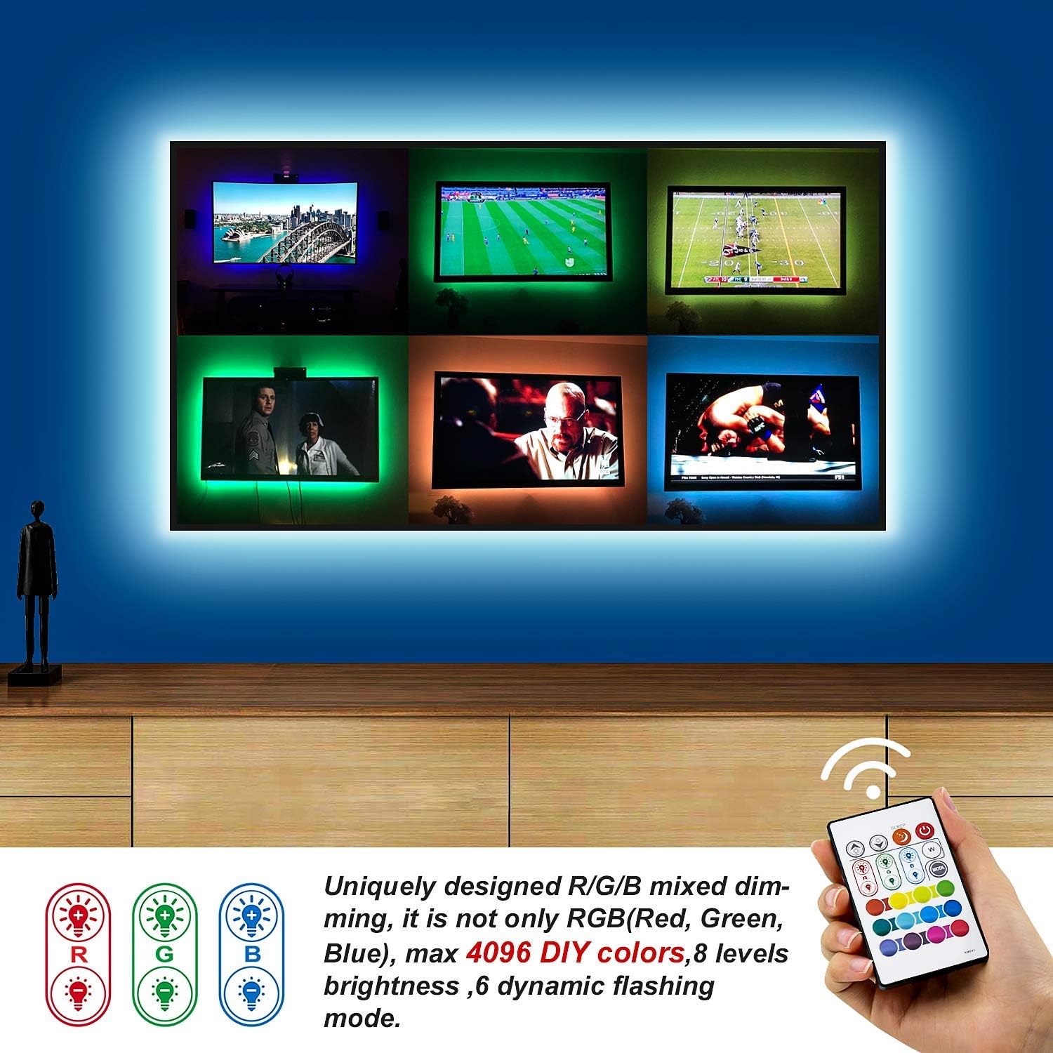 BASON LIGHTING TV Backlight, 9.8ft USB LED Light Strip, RGB 4096 DIY Colors, for 32-58 inch TVs, Model TV131, Plastic Material