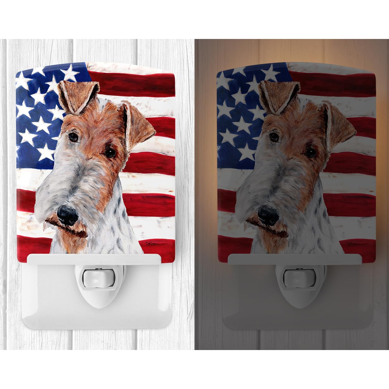 Carolines Treasures Ceramic Night Light, Wire Fox Terrier with American Flag, 6x4x3in, Multicolor, Model SC9628CNL