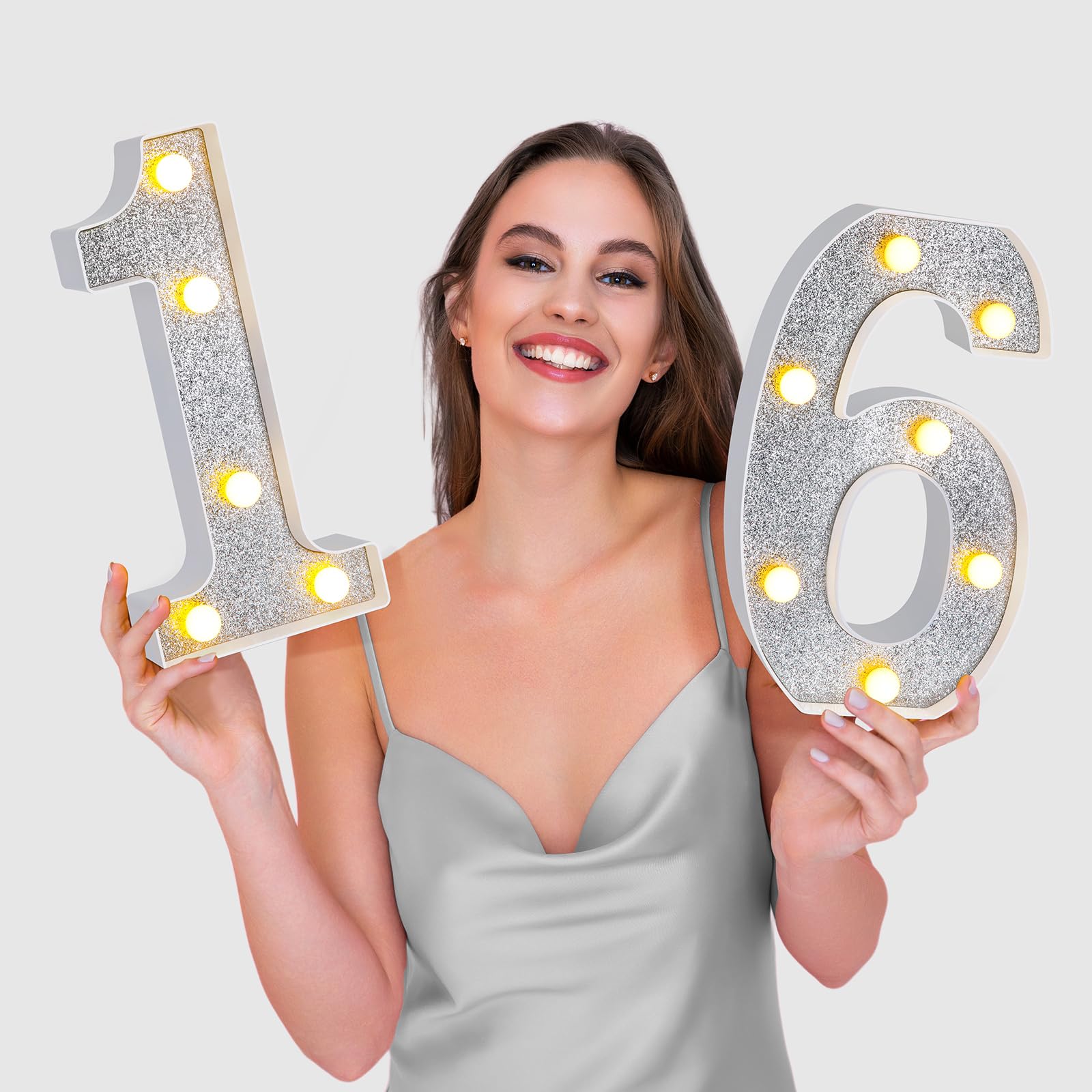 Treela LED Birthday Number Sign, 8.7in  Glitter Marquee for 16th Birthday Party Decorations, Silver