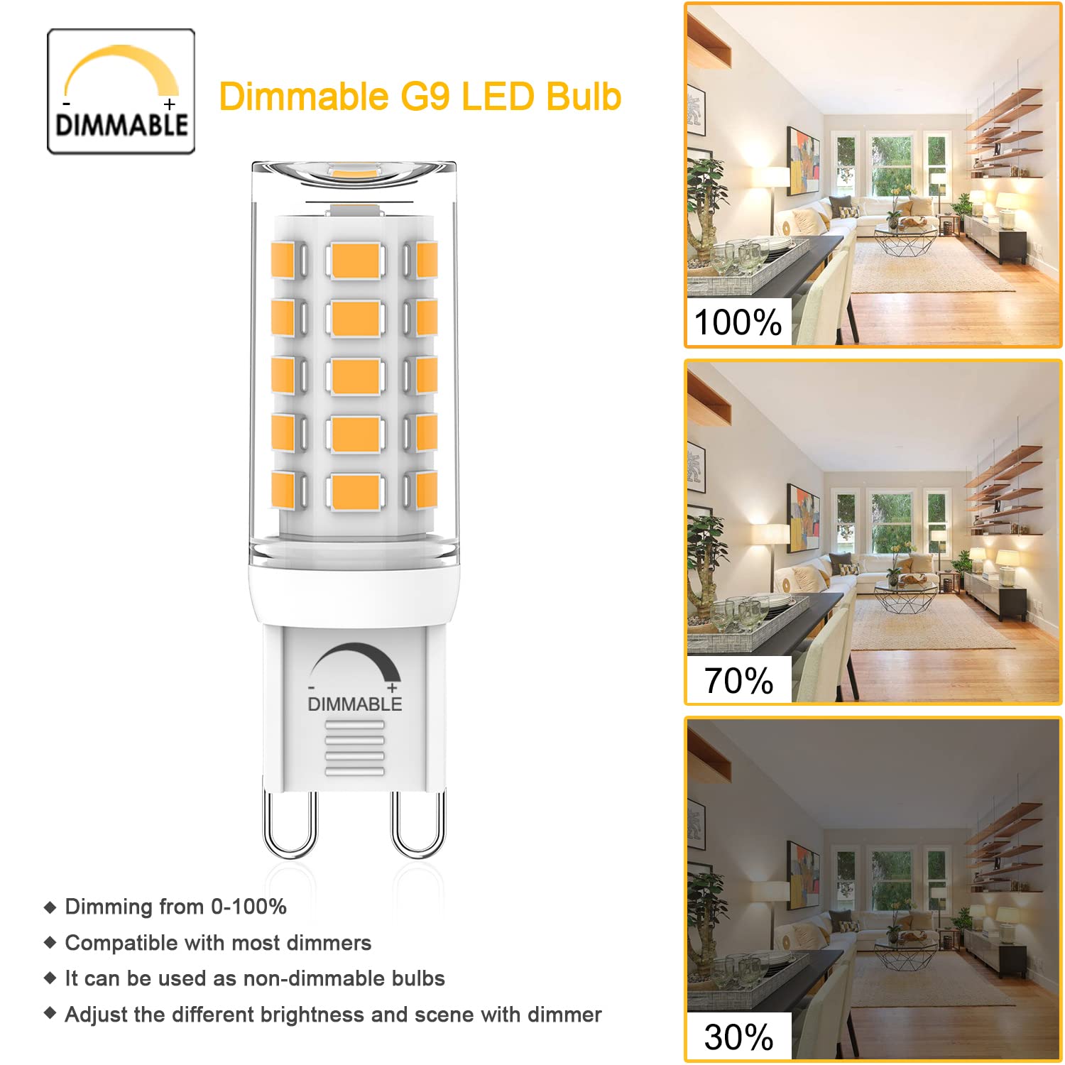 YUIIP G9 LED Bulb Dimmable 4W, 40W Halogen Equivalent, Warm White, 10 Pack, No Flicker, 360° Beam Angle, AC