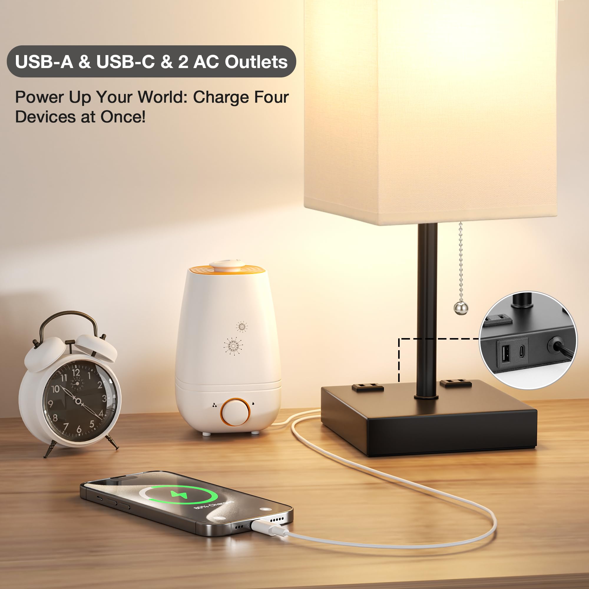aooshine White Table Lamp - 3 Color Temperatures, USB & AC Ports, 17.4in, Plastic, Model 10-15-15