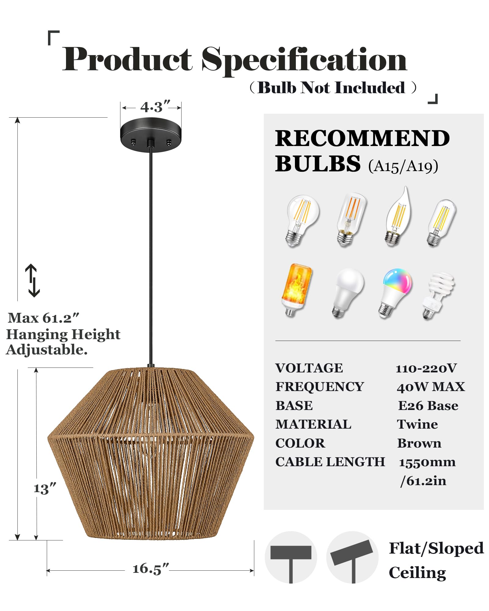 Elyona 16.5&quot; Woven Rattan Pendant Light - Modern Boho Chandelier For Dining Room & Kitchen