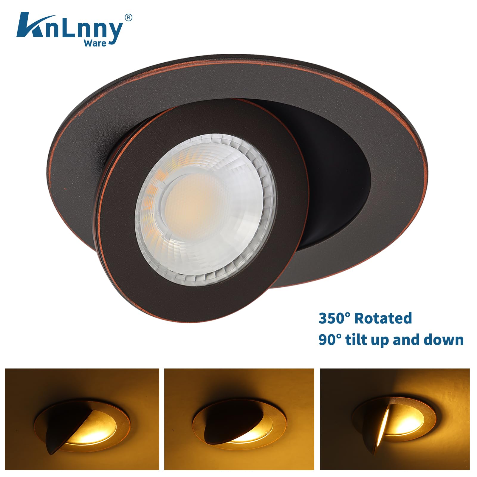 KnLnny Ware Adjustable Eyeball Recessed Light 4 Inch, 9W 750LM, Dimmable, Airtight, Bronze, Model KL2025005Bronze,