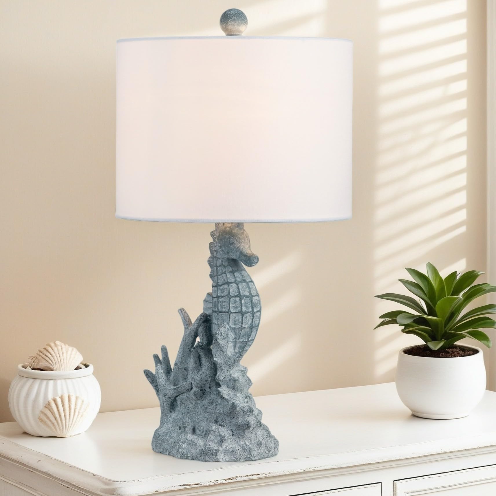 Crestview Collection Coastal Table Lamp, 21 Light Blue Resin Seahorse Lamp with Linen Shade, Ocean Nautical Home Decor for Night