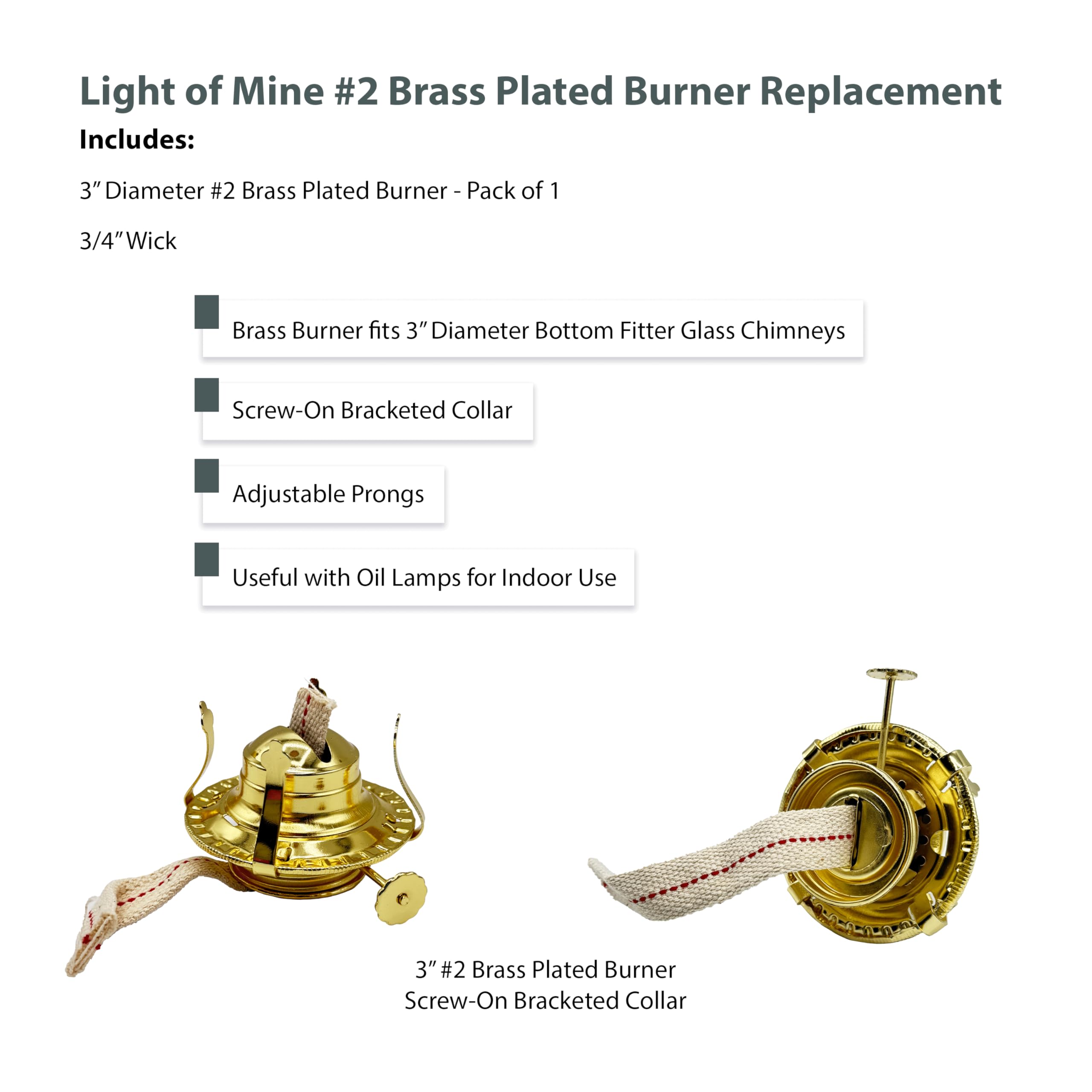 Light Of Mine - #2 Brass Plated Burners With Nonremoveable Reduction Ring For Antique Hurricane Lamps (No2, 1Pk)