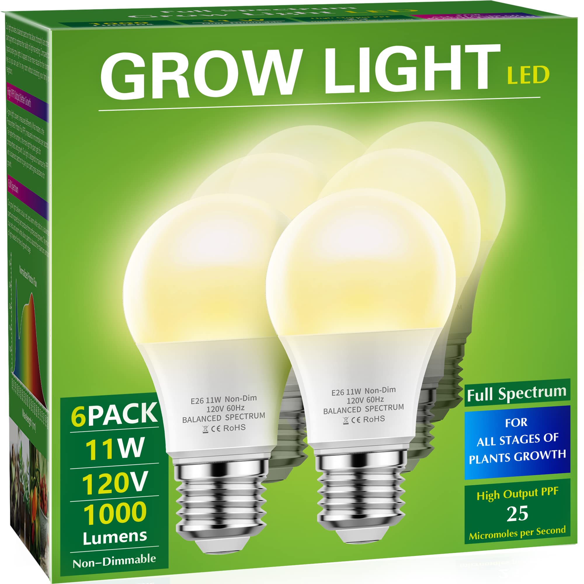 Briignite LED Grow Light Bulb, Full Spectrum A19, 11W (100W Equivalent), E26 Base, 6 Count, Aluminum