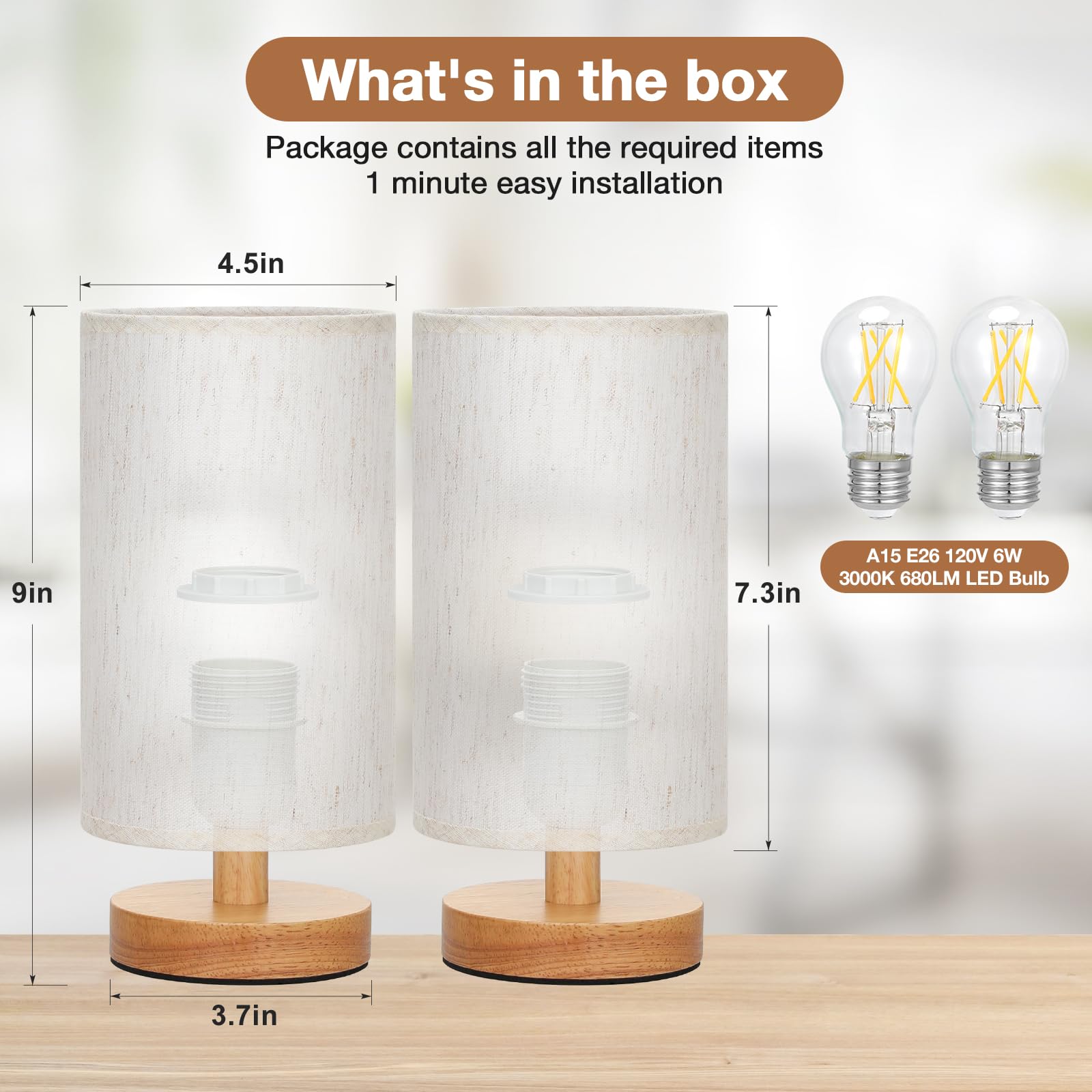 Fenmzee Small Lamps Set Of 2 - Inline Control, Bedside Table Lamp For Bedroom With 3000K A15 Led Blub, Easy Assembly (Cream Shad