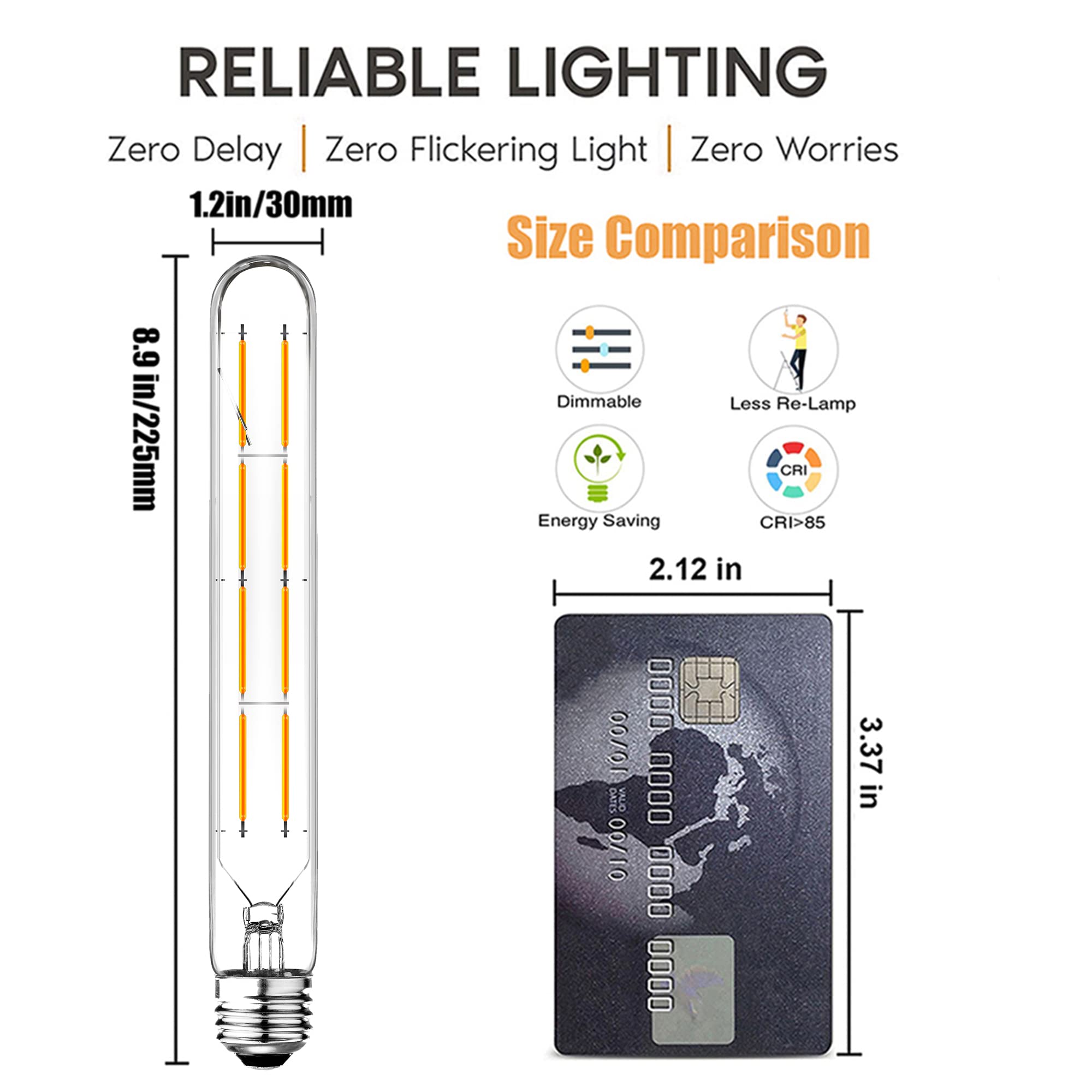LVYE Dimmable 8W T10 LED Bulbs, Warm White 2700K, 8.9in Tubular Light, E26 Base, Pack of 4