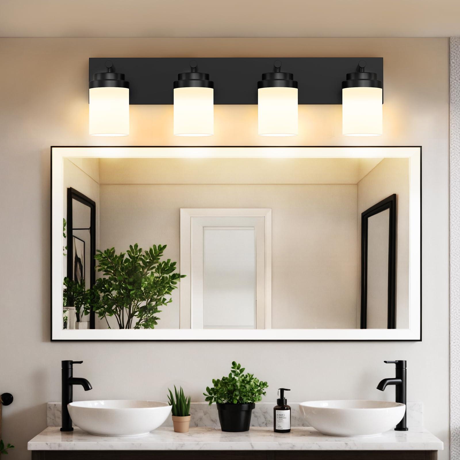 Izorro Bathroom Vanity Light Fixture  4-Light 27.5 Inch Matte Black Bathroom Light Fixtures Over Mirror  With White Glass Shade  Modern Farmhouse Vanity Lights  Rustic Restroom Lighting Fixtures