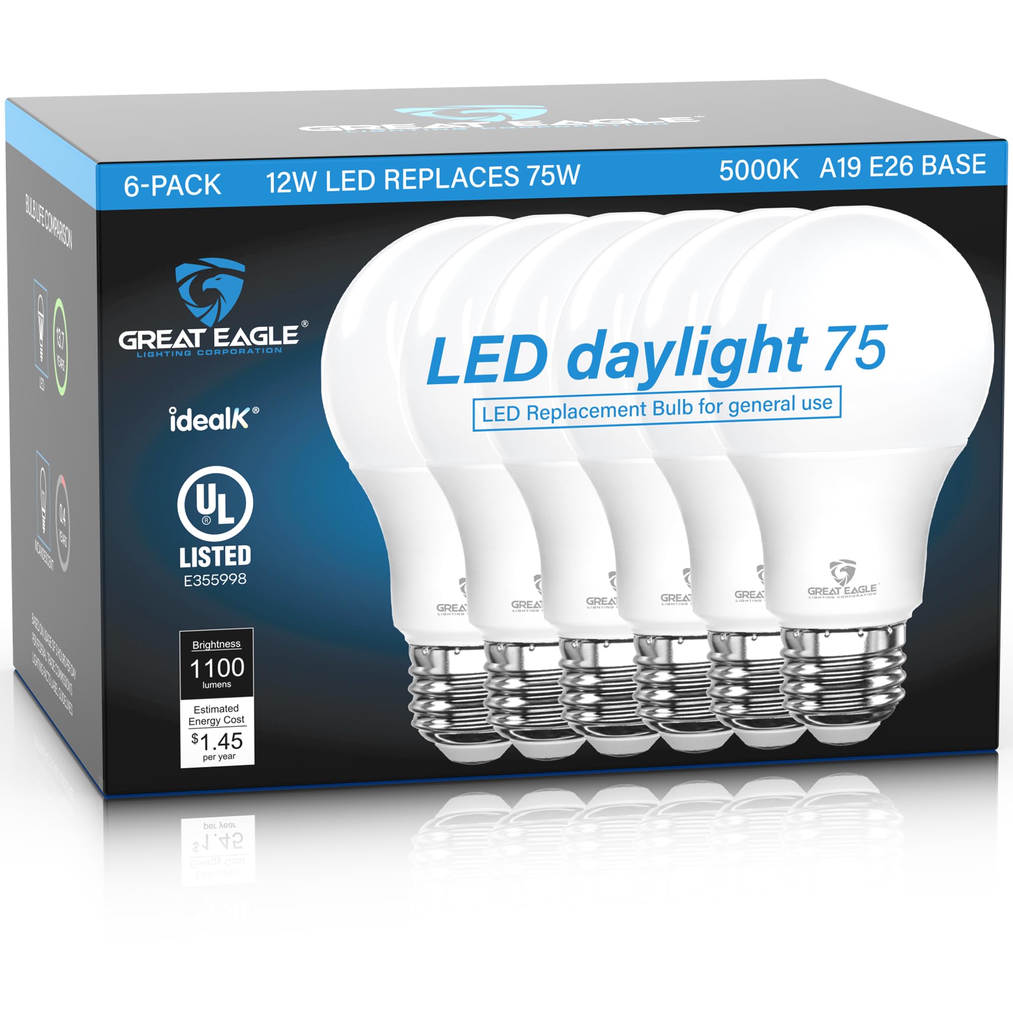 Great Eagle A19 LED Light Bulb 75W Equivalent, 5000K Daylight, Non-dimmable, 6-Pack, Plastic