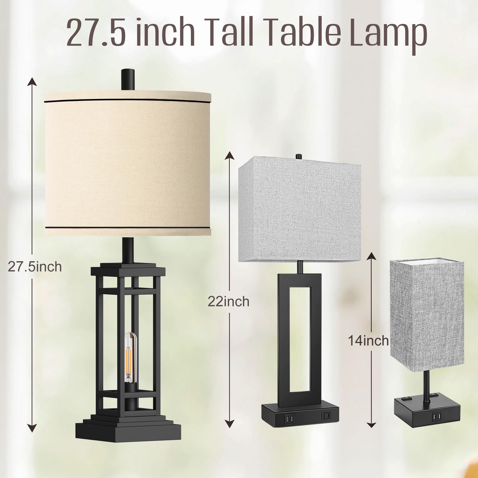 ROTTOGOON 27.5in Farmhouse Table Lamp, Metal, USB C & A Ports, Black, Model ROLP380AB1