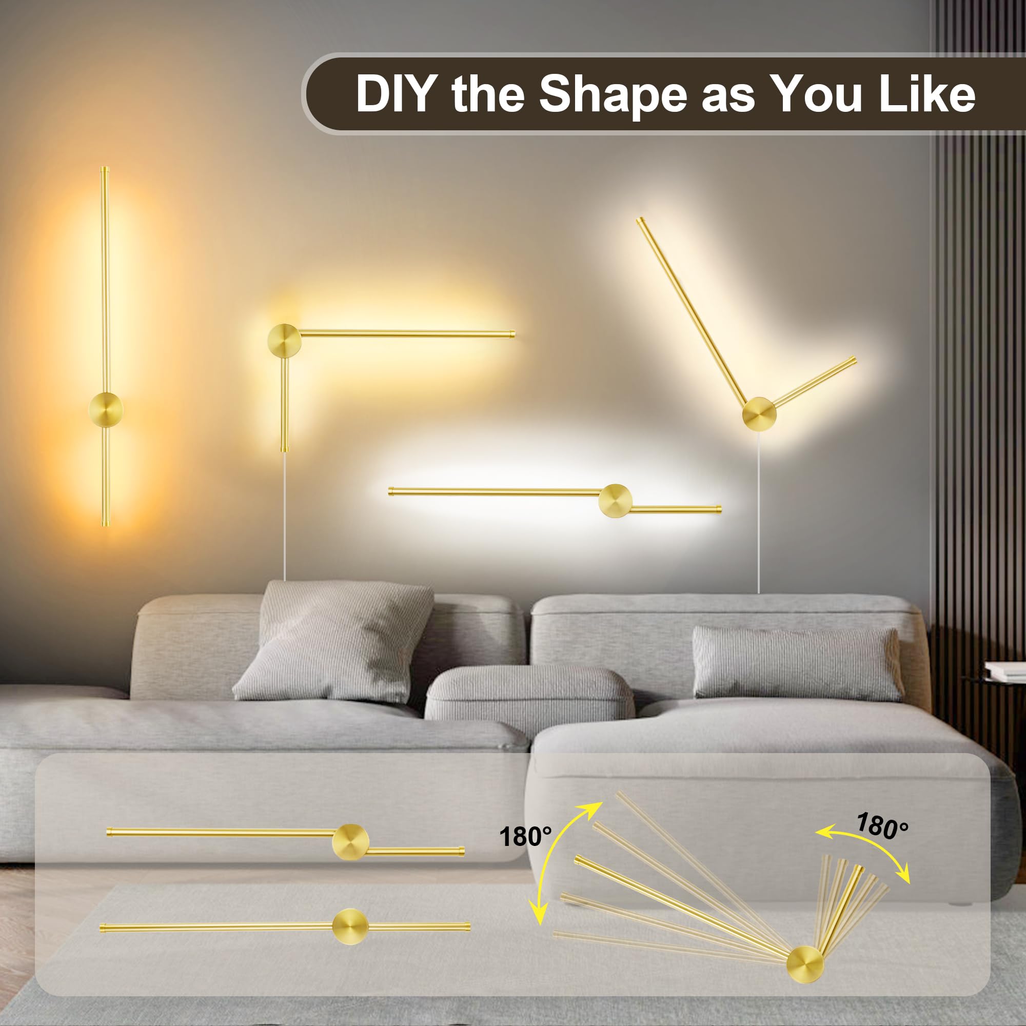 GOODATE Wall Sconces Set of Two, 23.6" Gold LED, Stepless Dimming 3000K-6500K, Remote Control, Hardwire/Plug-in,