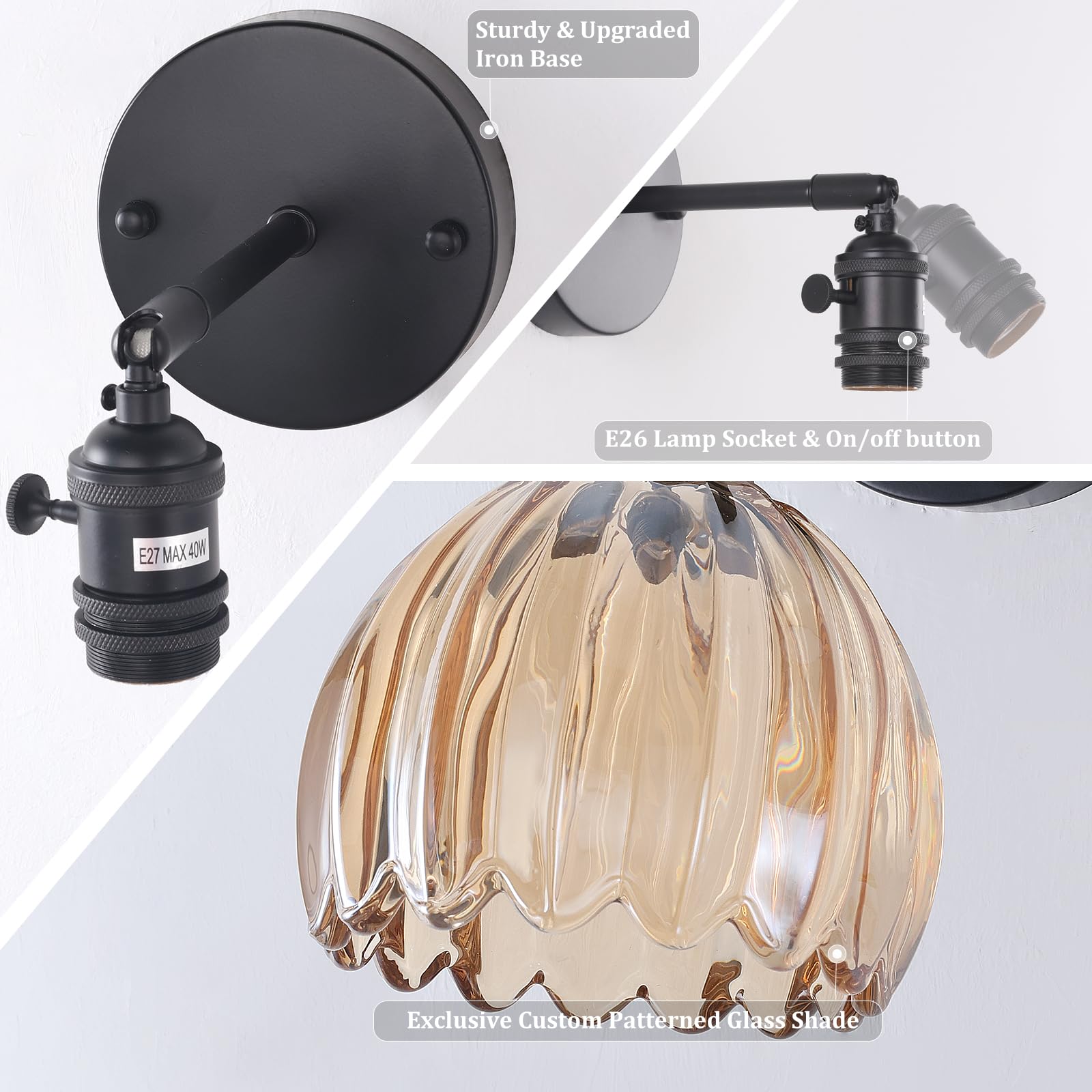 Shenmoyl Vintage Wall Sconce, Amber Glass Lampshade, Hardwired, 1 Light, Black Base, Model 1-9412