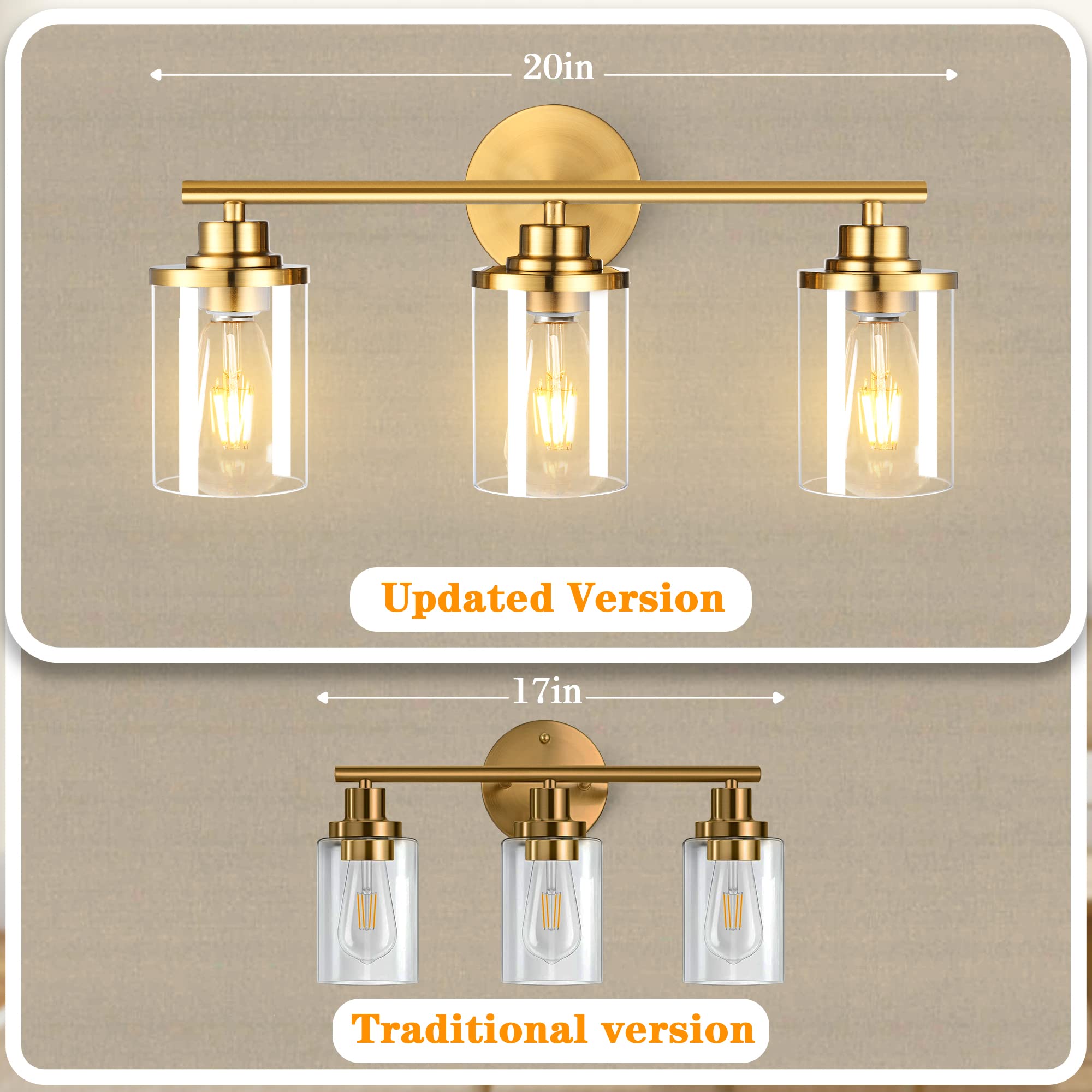 Porphyions 3-Light Bathroom Vanity Light Fixture, Brushed Gold Metal, Modern Design, 20in  Over Mirror Sconce