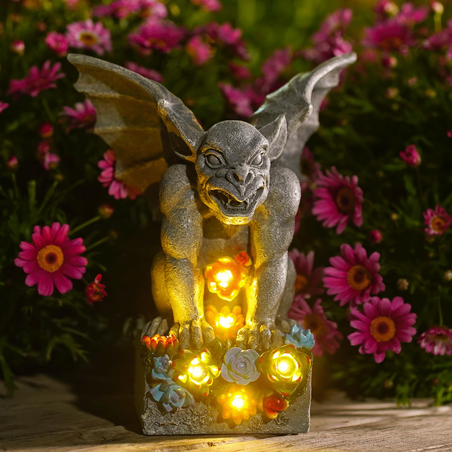 Philodwell Solar Gothic Gargoyle Garden Statues: Outdoor Sculptures with Succulent Lights Decor for Patio Lawn Yard Art - Gifts 