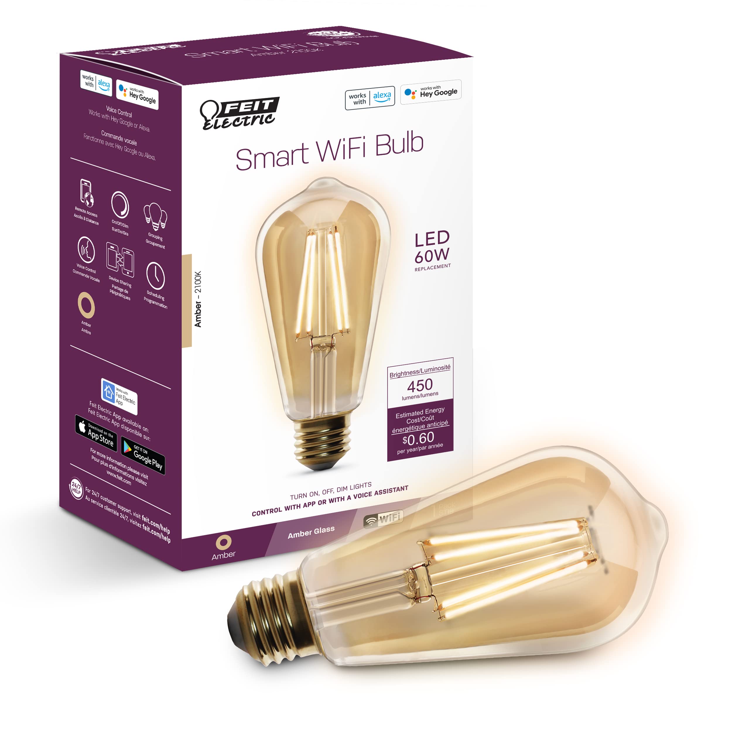 Feit Electric ST1960/FIL/AG 60 Watt Equivalent WiFi Dimmable, No Hub Required, Alexa or Google Assistant ST19 Edison Vintage LED