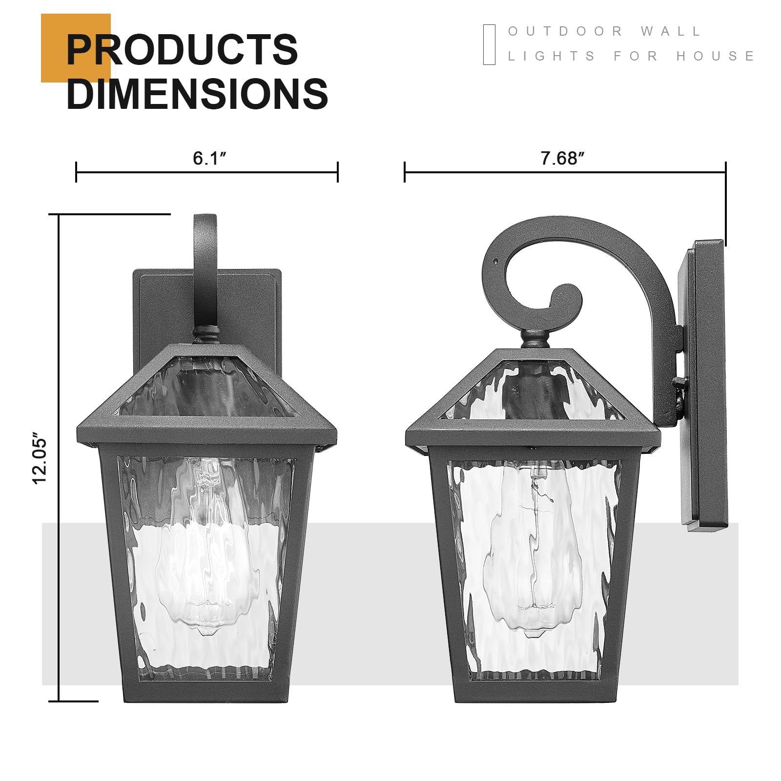 Luminzone Outdoor Wall Lantern 2-Pack, Waterproof Matte Black, Aluminum, Small, Model 7H1B-M WH, Ripple Glass Design