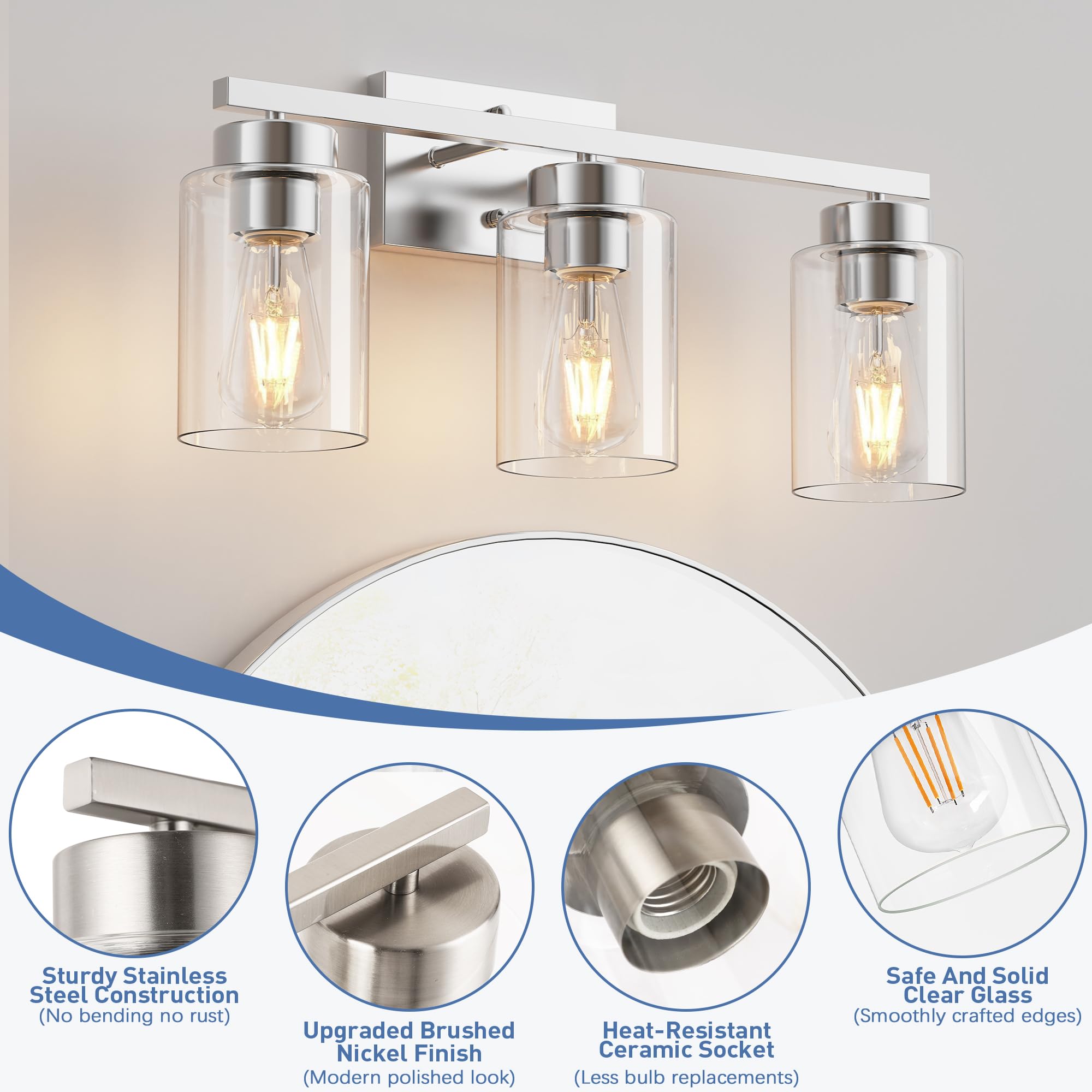 Partphoner 3-Light Bathroom Light Fixtures  Brushed Nickel Vanity Light With Clear Glass Shade  Modern Wall Sconce For Mirror Bedroom Living Room Hallway Lighting