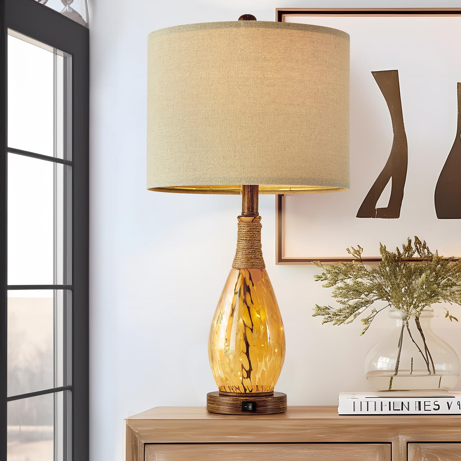OYEARS 23" USB A+C Table Lamp, Amber Glass & Rattan, Modern Bedside Nightlight, Model AMZ-T1140-U-1