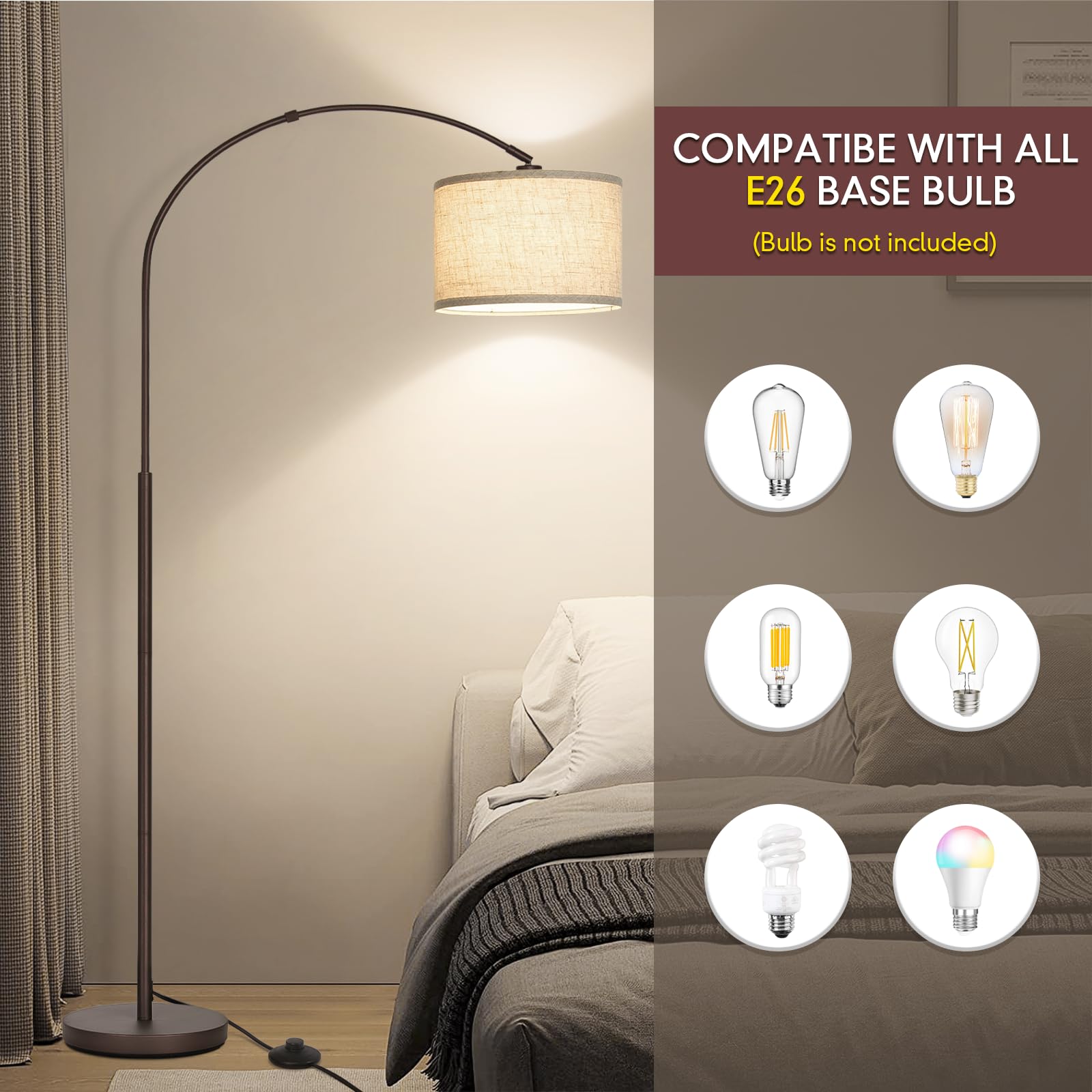 Floor Lamp For Living Room, Arc Floor Lamp With Adjustable Head, Modern Arched Floor Lamp With On/Off Pedal Switch, Over Couch T