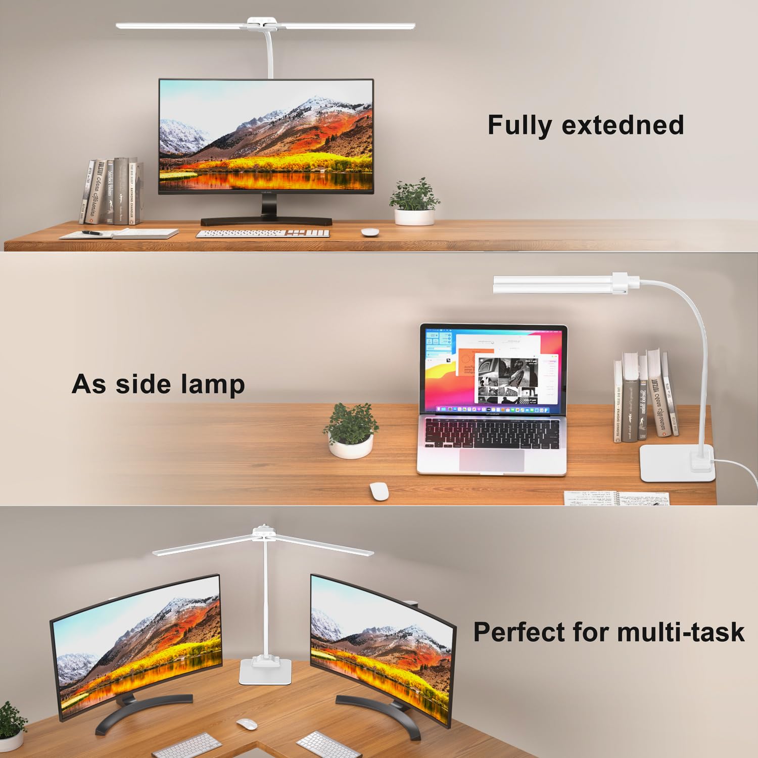 KableRika Desk Lamp Double Light - Dimmable LED, Aluminum, White, Model 670-base, Eye Care for Home Office and Study