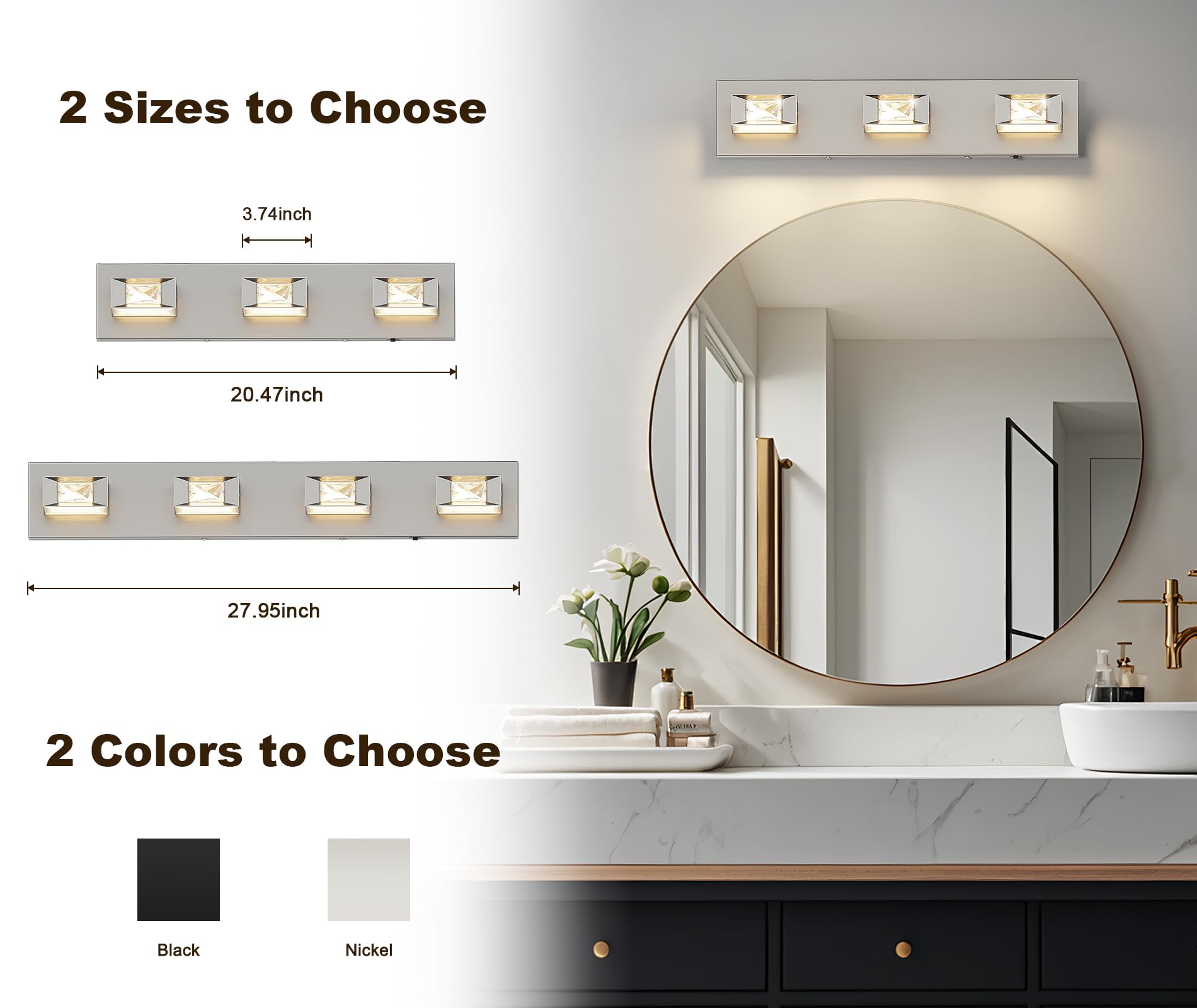 Joossnwell Brushed Nickel Bathroom Vanity Light 3-Light 20.5-Inch Dimmable LED Fixture Model 5549