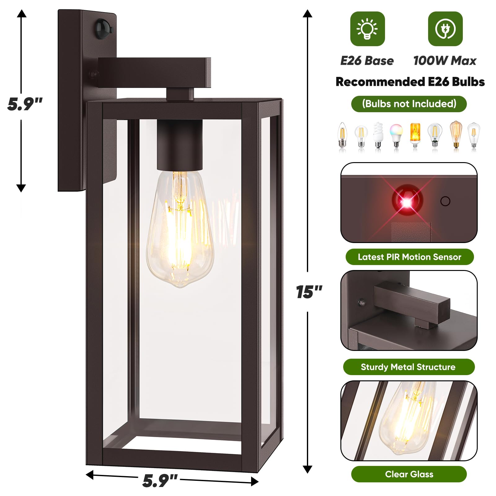 BesLowe Motion Sensor Outdoor Wall Lights, 15" Brown Metal Sconce Lanterns, 3 Lighting Modes, 2-Pack