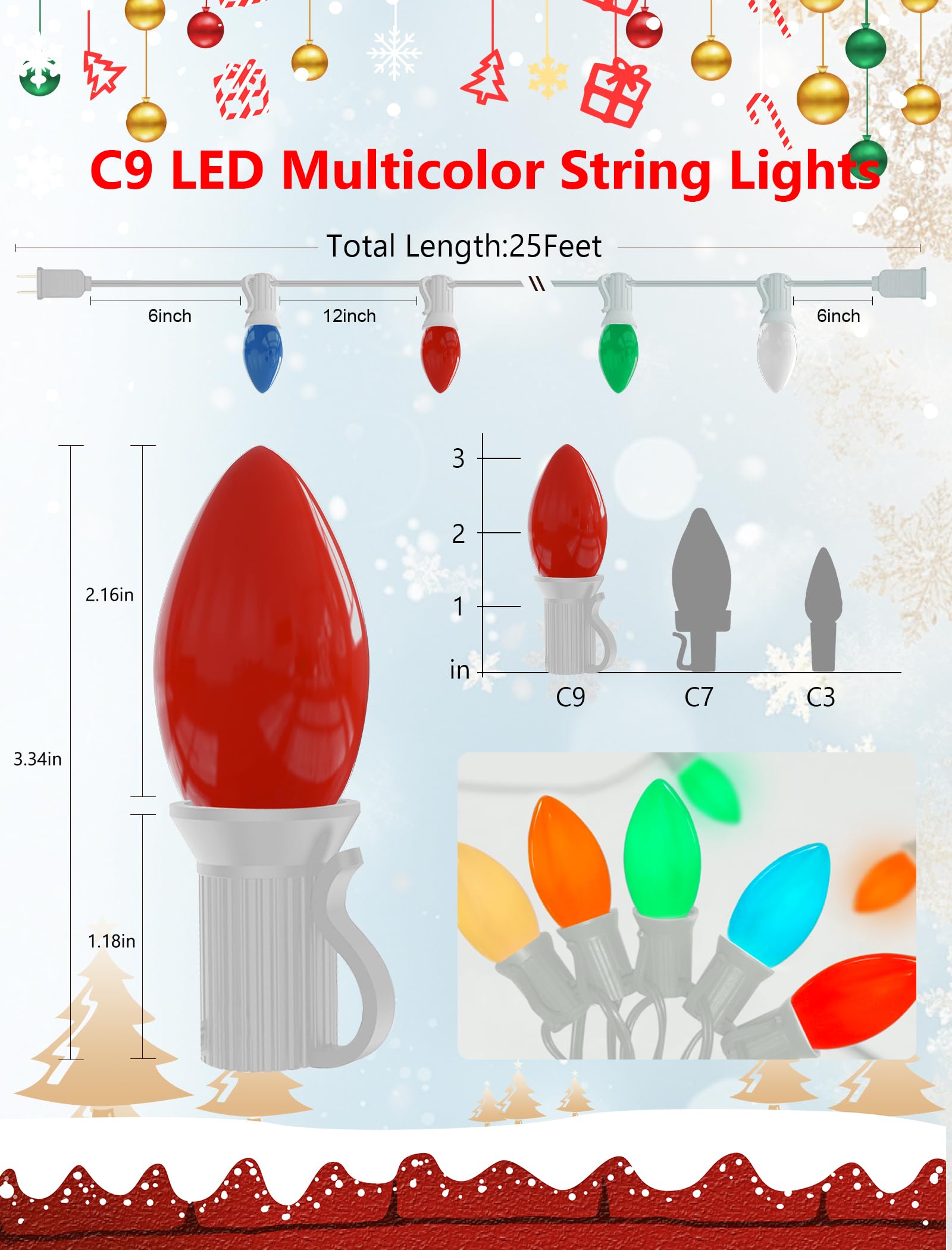 25Ft C9 Led Christmas Lights Outdoor  Vintage Christmas String Light Plug In With 26 Shatterproof C9 Multicolor Bulbs Christmas Decorations Lights For Christmas Tree Patio Roofline Party  White Wire
