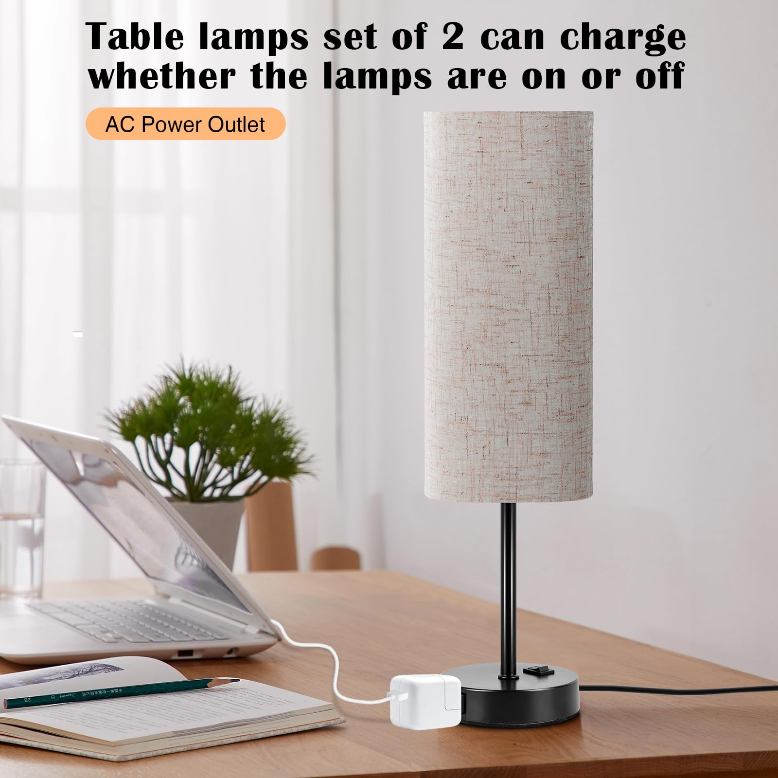 Zjojo Table Lamp For Bedroom 2 Pack,18In Bedside Lamps With 3 Way Dimmable Rocker Switch & Ac Outlet,Nightstand Desk Lamp With F