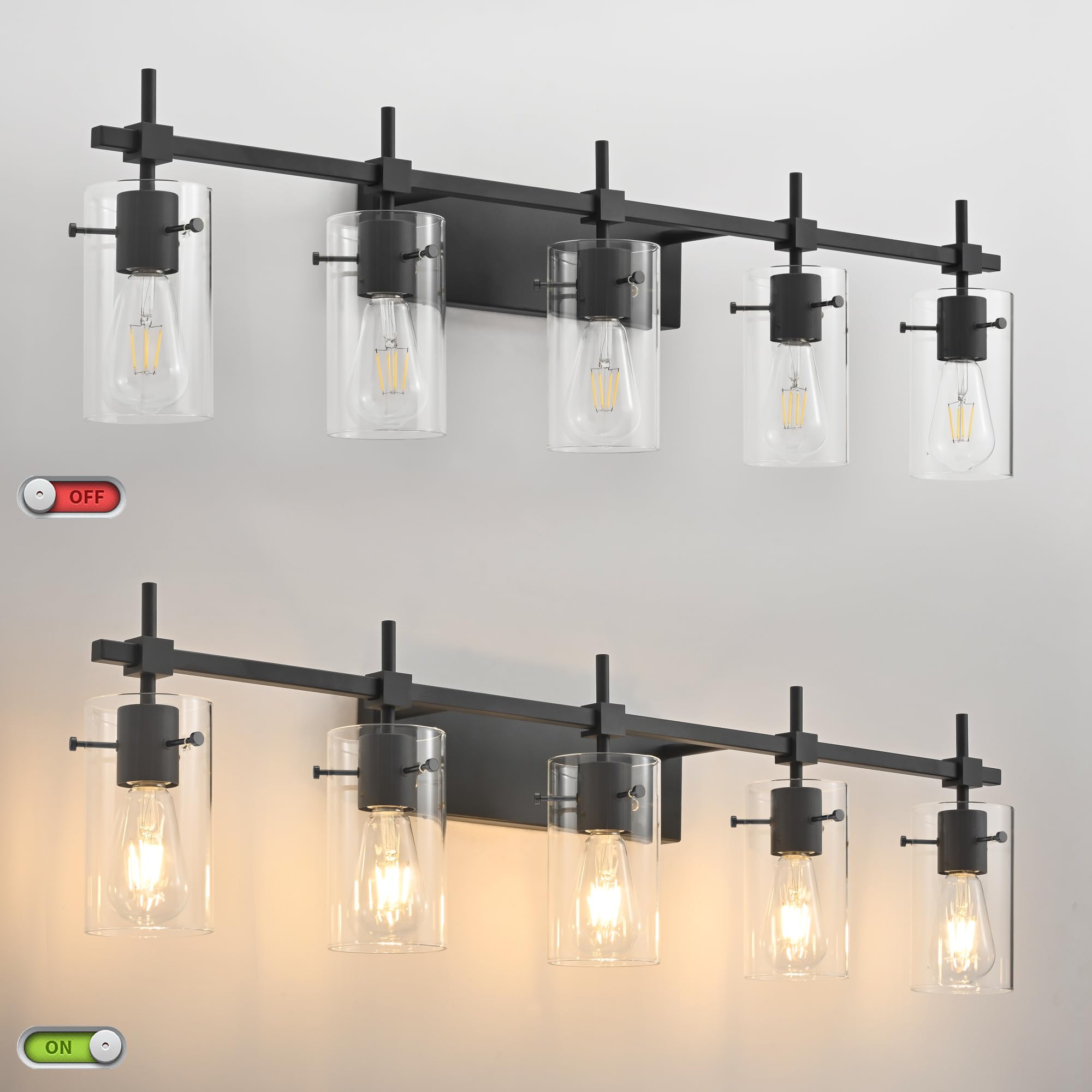 SOLFART Bathroom Light Fixtures 5 Lights Matt Black Glass Shade Over Mirror Model 7200-5T-BK